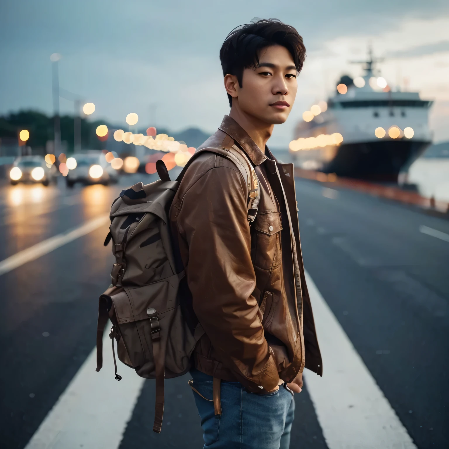long shot, back view, cinematic portrait, asian man, korean man, oval face , clear face, left parted short hair, wearing a brown jacket, jeans and boots, standing on white road markings, with a backpack, handsome pose, professional photography, light behind him, bokeh background with a ferry in the distance, standing in a quiet harbor, beautiful sea, evening with lights, sharp gaze, looking at the camera