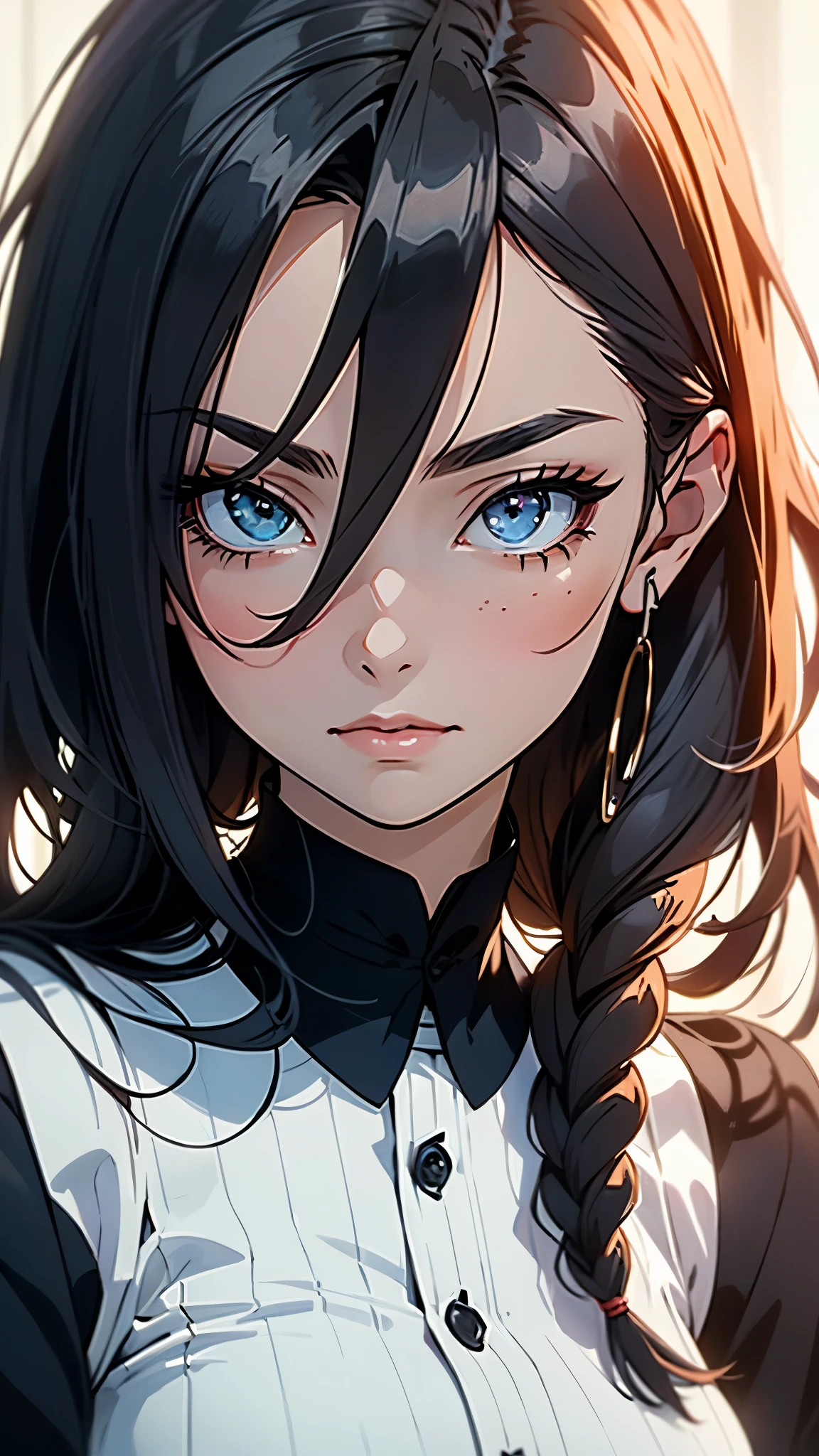(masterpiece:1.2), (best quality:1.2),newest, intricate details, ai-generated,(2d anime style:1.2) ,(woman focus)Woman has long straight deep blue hair that (shows her forehead), sharp eye, Woman has a slender, willow-like body,(medium breasts:0.6), 1 woman ,(despair:1.2), The woman is wearing a cute maid outfit with frills, (ultra-high resolution:1.3), (hi-vision anime:1.3),hrm