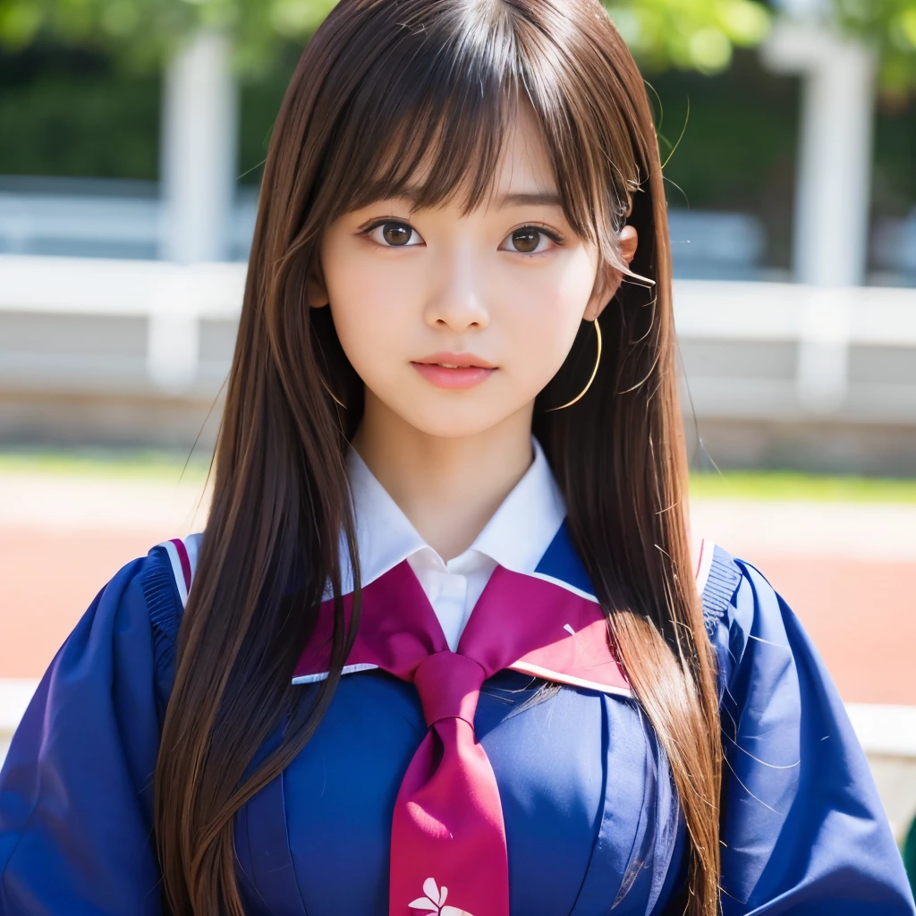(masterpiece, best quality:1.4), 8k, highres, shiny skin, lips, super detailed skin, detailed beautiful face and eyes, bloom, spotlight, college, ground, Woman with black hair bobcut.upper body, bow, earrings, long hair, school uniform <lora:civitai_training_girl_v4-3:0.9>