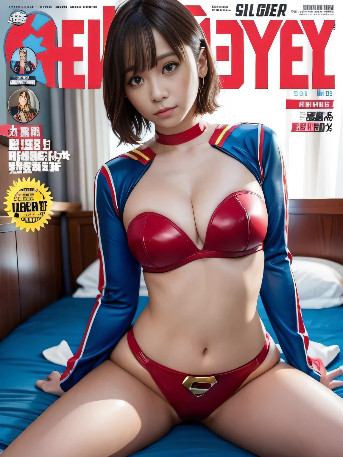 masterpiece、supergirl costume、short hair、barefoot、big and full breasts、Bedroom、cross your legs on the bed、sexy pose、athlete、shiny、looking at camera、Seduce、choker、long sleeve、red mini skirt、Weekly magazine cover、Sculpture Magazines、sweaty、radical、