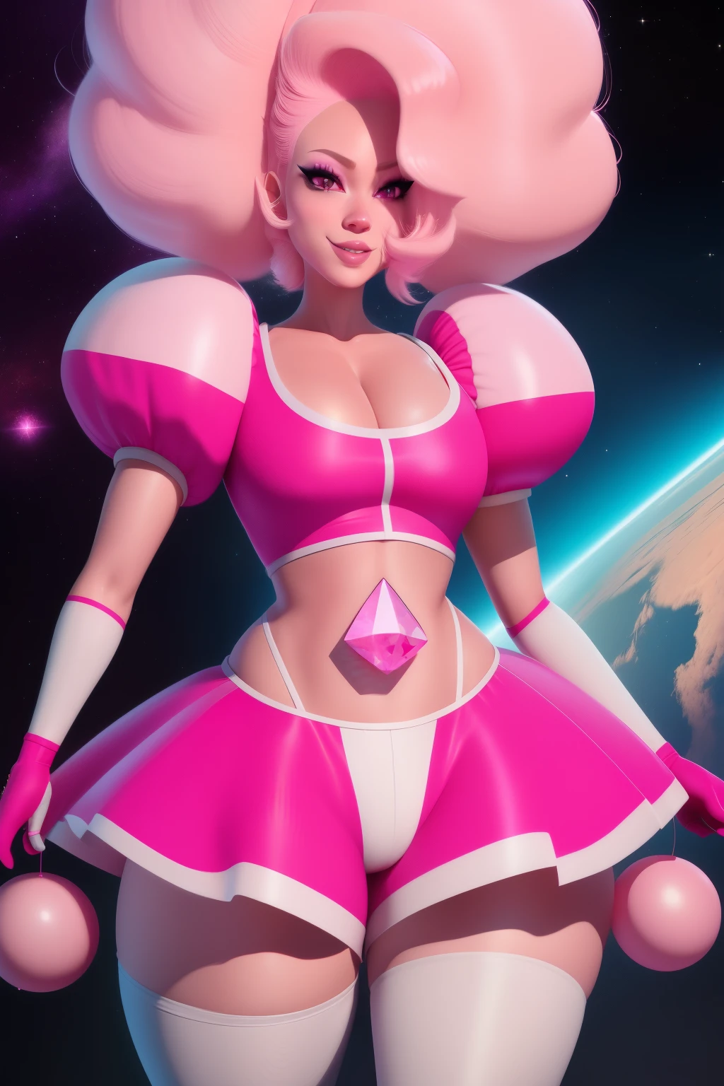 pnkdamond, pink hair, pink eyes,  big hair,  stomach gem,  pink skin,  toned, 
puffy short sleeves, elbow gloves ,  white thighhighs,   puffy dress, 
standing, upper body, 
 outerspace,  
(insanely detailed, beautiful detailed face,beautiful detailed eyes, masterpiece, best quality) cinematic lighting,  smile, 
 