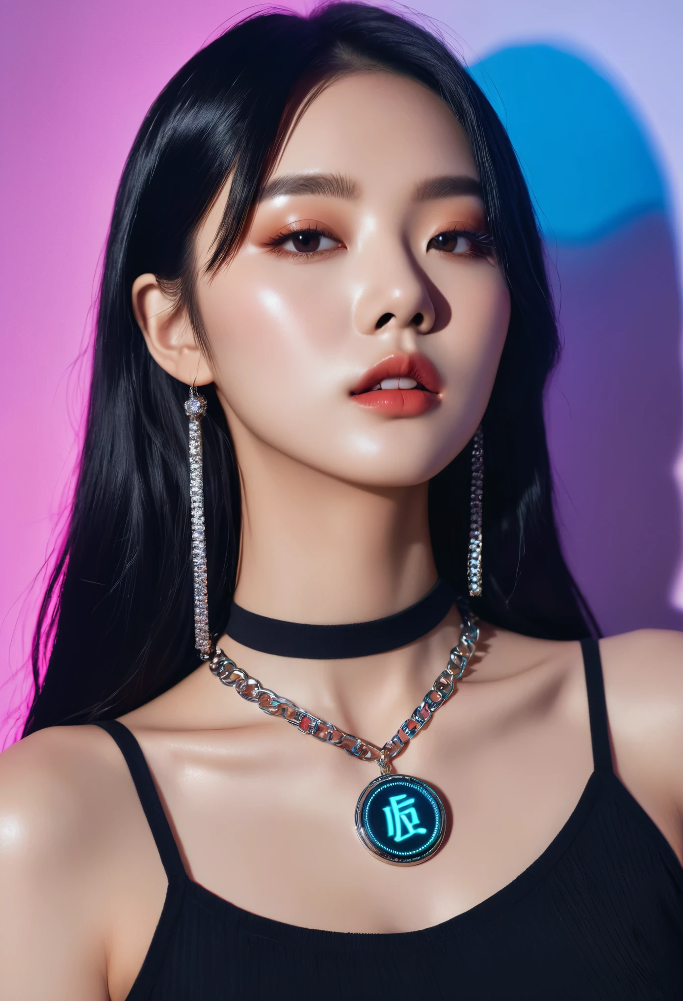 woman with a necklace and a necklace with a neon sign in the background, popular korean makeup, character album cover, dark psychedelia style, joy, promotional photoshoot, with a dark fringe, vogue cover style, promotional render, center parted curtain bangs,