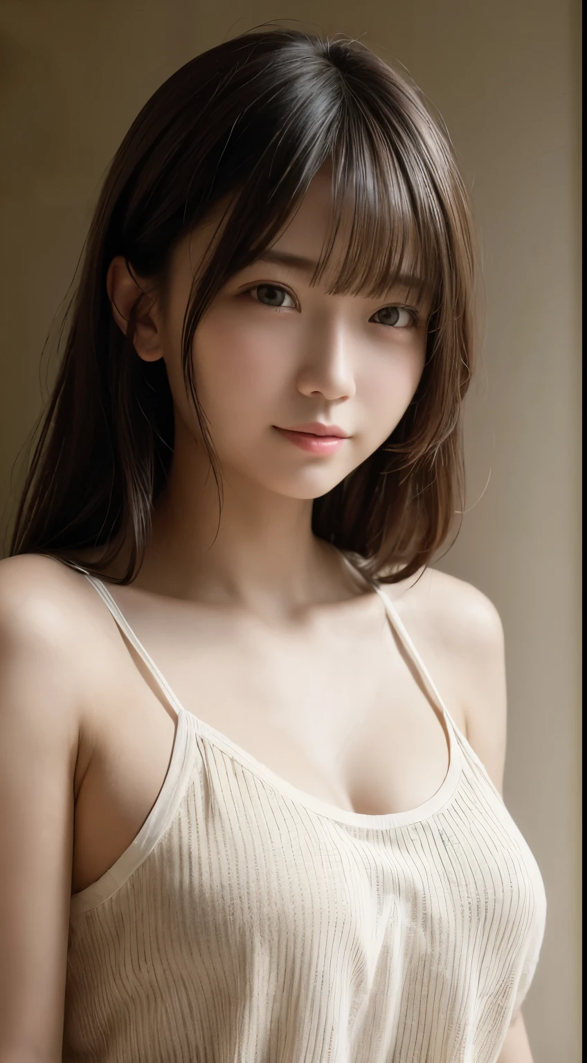 masterpiece, highest quality, 8K, disorganized, (Upper body:1.4), white open-chested camisole, 平らな胸の貧乳beautiful girl、beautiful girl, cute face, looking at the viewer, smile, surreal, High resolution, photo shoot, High resolution, chromatic aberration, sharp focus, HDR, face light, dynamic lighting, cinematic lighting, professional shadow, simple background, (natural color background:1.4), most detailed, very detailed, super detailed, finely, real skin, delicate features, detailed face and eyes, sharp pupils, realistic student