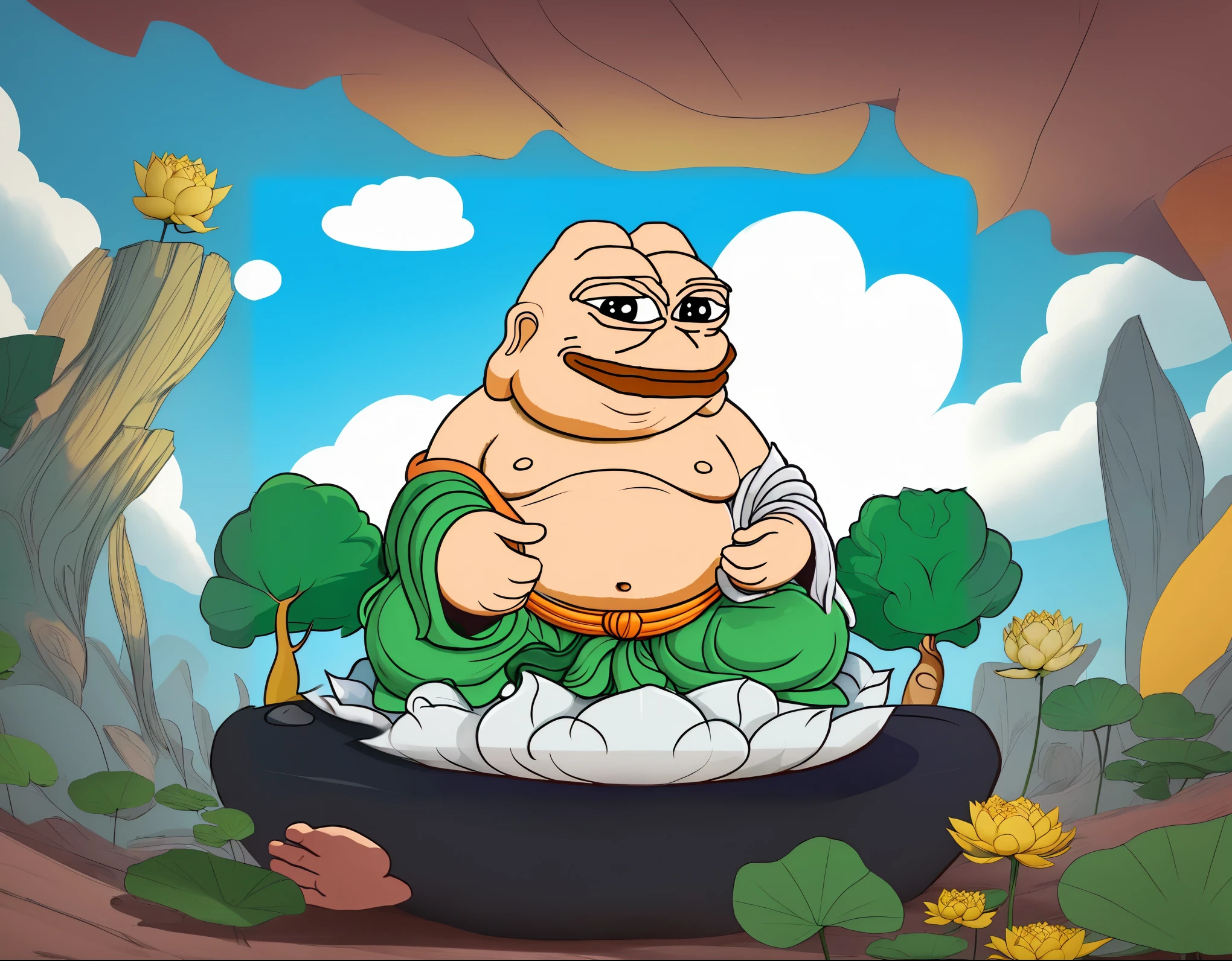 cartoon illustration of a fat man sitting on a lotus flower, super rich happy pepe, Japanese god, crypto coin, blockchain, inspired by Gatōken Shunshi, fisting monk, inspired by Shūbun Tenshō, mr. nimbus character design, inspired by Kanbun Master, inspired by Kaigetsudō Anchi, god of wealth