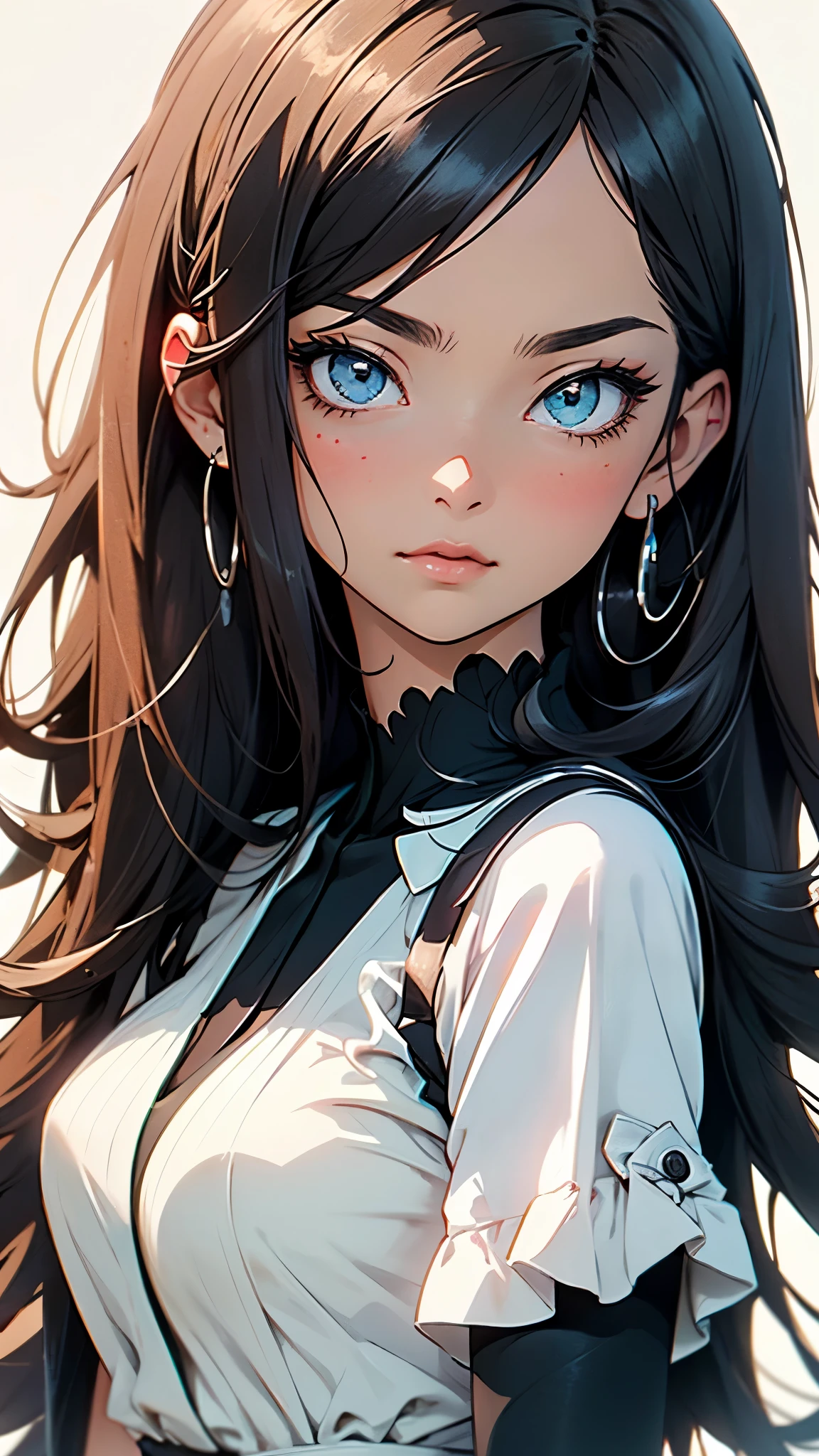 (masterpiece:1.2), (best quality:1.2),newest, intricate details, ai-generated,(2d anime style:1.2) ,(woman focus)Woman has long straight deep blue hair that (shows her forehead), sharp eye,  Woman has a slender, willow-like body,(medium breasts:0.6), 1 woman ,(despair:1.2), The woman is wearing a cute maid outfit with frills, (ultra-high resolution:1.3), (hi-vision anime:1.3),hrm