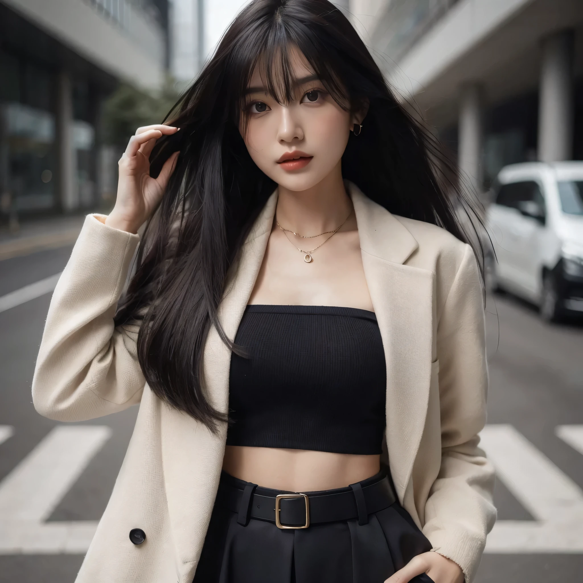 araffe woman with long black hair wearing a black top and a white coat, asian girl with long hair, beautiful asian girl, asian girl, korean girl, modern fashion outfit, ulzzang, fashion model, young asian girl, wearing jacket and skirt, elegant girl in urban outfit, chinese girl, attractive girl, a young asian woman, cropped shirt with jacket