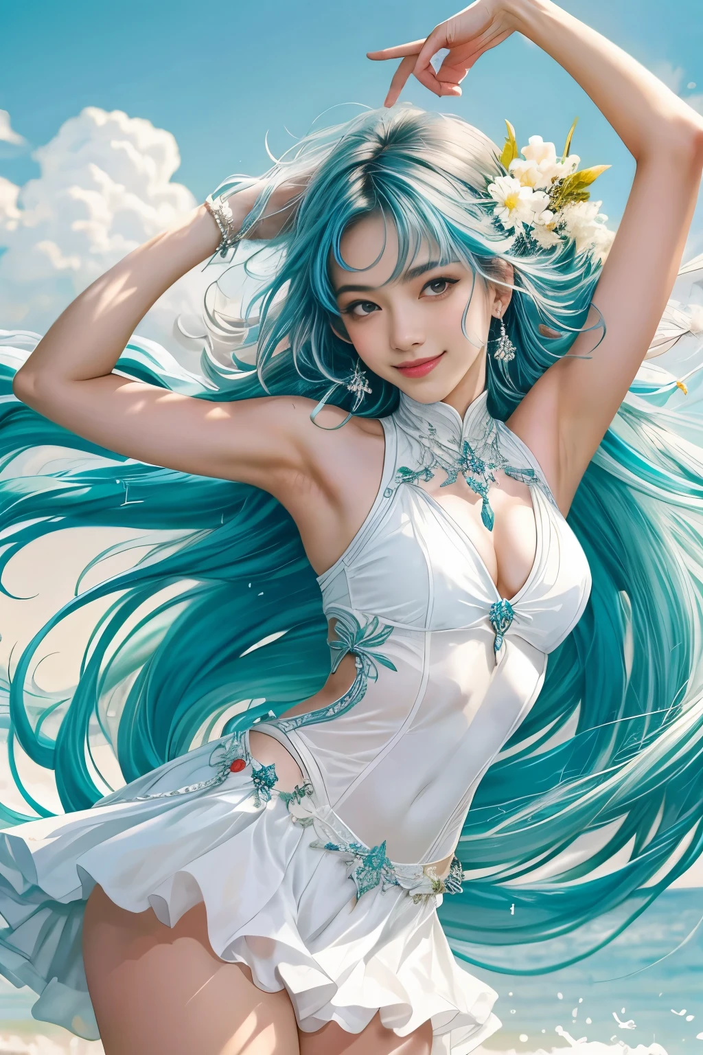 arte da tinta, uma  bonita do cabelo moreno, estilo anime, ouvir longo, sorrindo com estilo, dynamic poses, ultra colorfull, fundo branco, detalhes, limpo, obra-prima, modelo indiano