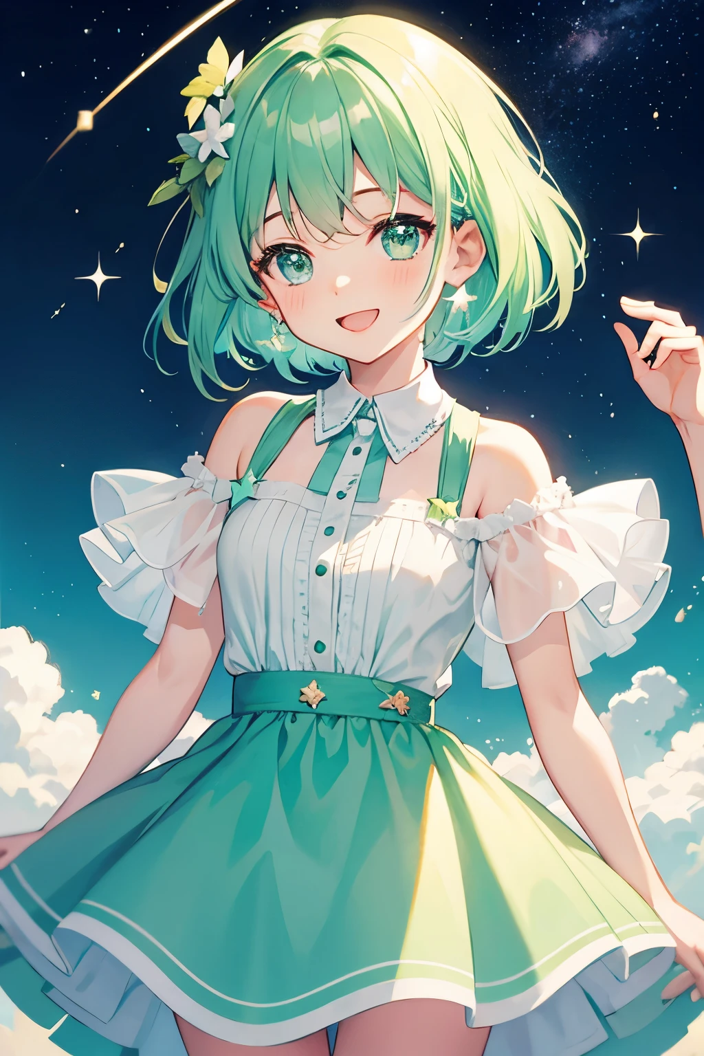 starry sky background,whole body,Have fun,Laughter,joy,Happy,girl,mint green hair,short hair