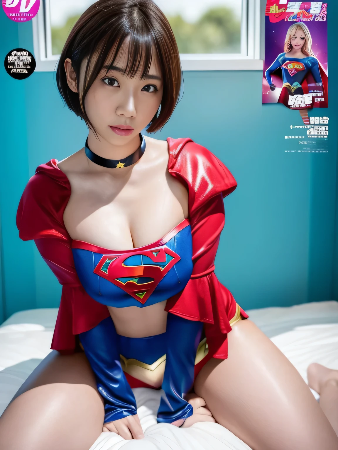 masterpiece、supergirl costume、short hair、barefoot、big and full breasts、Bedroom、spread your legs on the bed、sexy pose、athlete、shiny、looking at camera、Seduce、choker、long sleeve、red mini skirt、Weekly magazine cover、Sculpture Magazines、sweaty、radical、