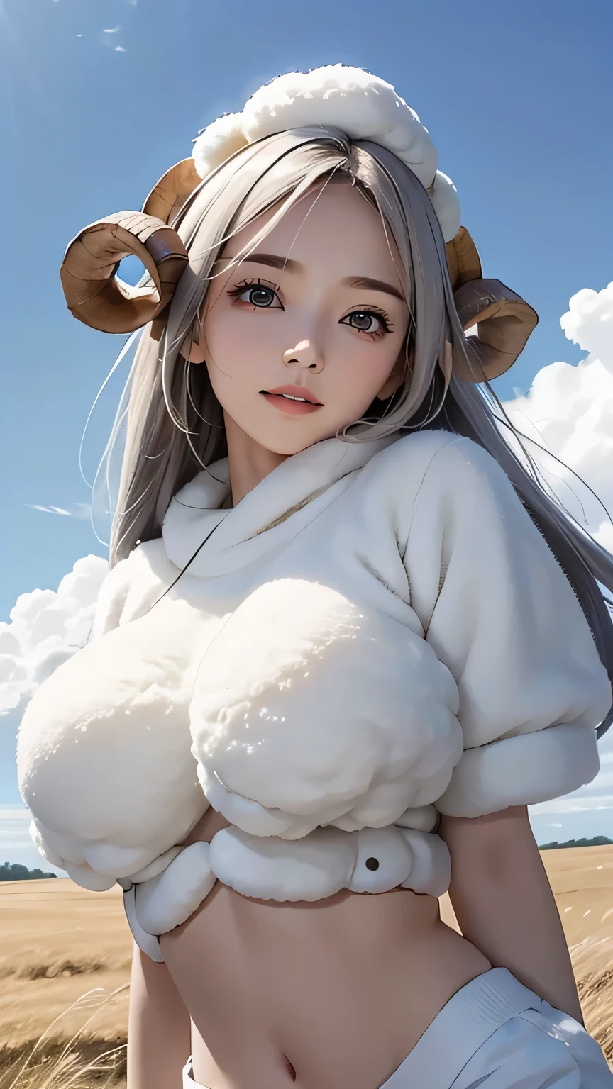 (((masterpiece))),((highest quality)),one beautiful japanese girl,pale, (Character that is a combination of human and sheep.: 1.5), (the presence of sheep horns on the head,:1.5)、gray hair、(belly button)、((fluffy white clothes)), (wool white clothes: 1.5), (private server), (exposure of skin),(The background is grassland:1.5).(((from the front:1.5)))、(straight front: 1.5)、Drive through the steppe、running