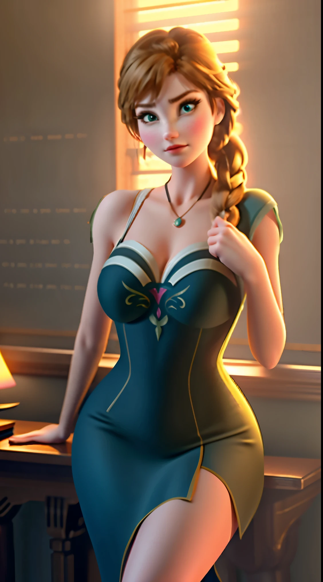 Photo of Anna of Arendelle as a teacher, teacher, teacher clothes, mini dress,  Anna from Disney Frozen movie, tall and sexy, superb face, perfect body, provocative, Nice, show breasts, huge breasts, tall, sexy legs, bursting huge breasts, wide hips, busty, sexy, enormous breasts, happy.