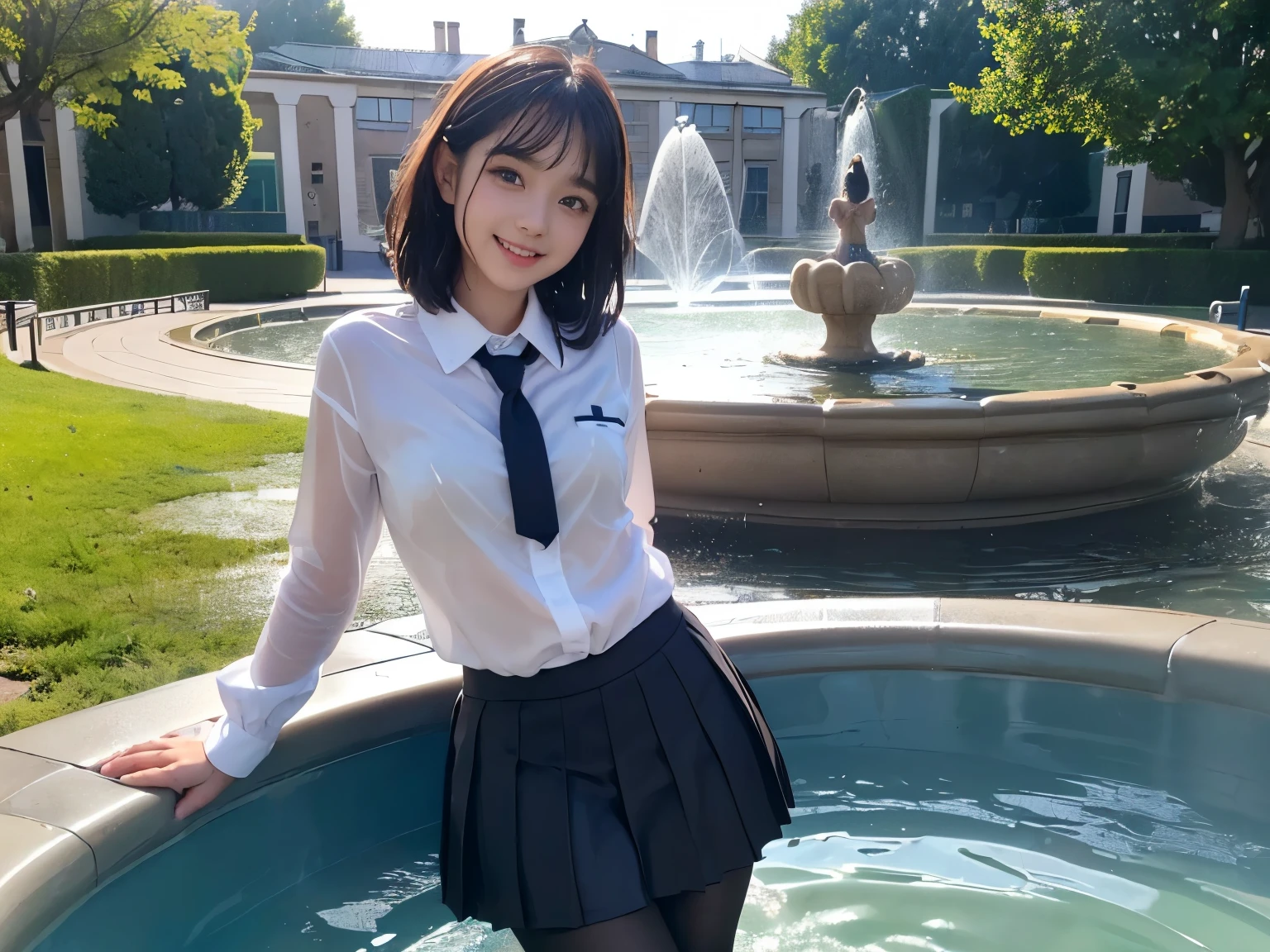 ultra highres,(reality: 1.4),highest quality, masterpiece, high detail, 16K quality, beautiful, 1 beautiful girl,japanese,super beautiful face,baby face,japanese idol face,cute face,super detailed face,detailed hand,beautiful skin,sweaty skin,big eyes,big smile,profeccional lighting,short hair, black hair,brown beautiful eyes, topless,checked skirt,bottom less,(skirt lift),standing,(((show off pussy))),detailed pussy,(spread legs),medium breasts,black high socks,she is looking at the camera,pool side,blue sky,nsfw,from below,
