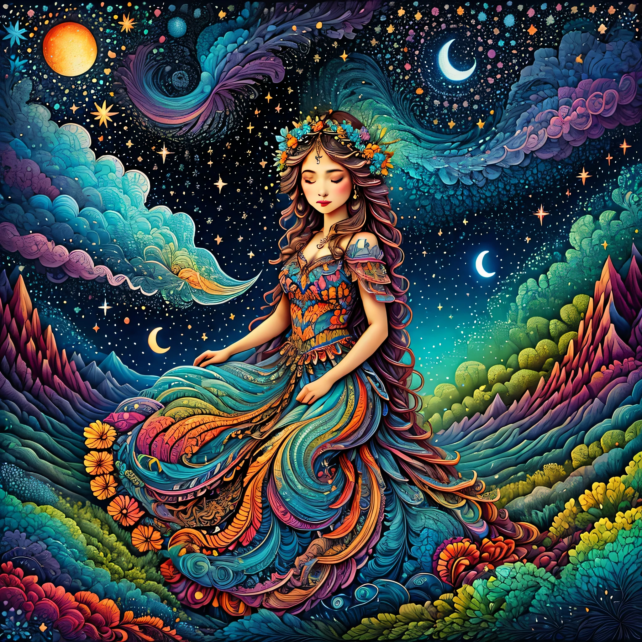 zentangle style painting:constellations and night sky,illustration style,draw with thick lines,detailed pattern,cute,pop,Gentle color,Cast colorful spells,nice background image,masterpiece,最高masterpiece,Light and shadow,draw carefully,fractal art,rendering,bright colors,fantasy,fancy,rendering,magic element,