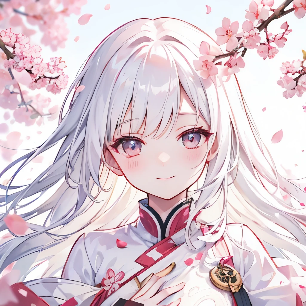 Dancing cherry blossoms, white hair, long hair, smiling, white dress, illustration from the chest up, close-up of the face, fleeting