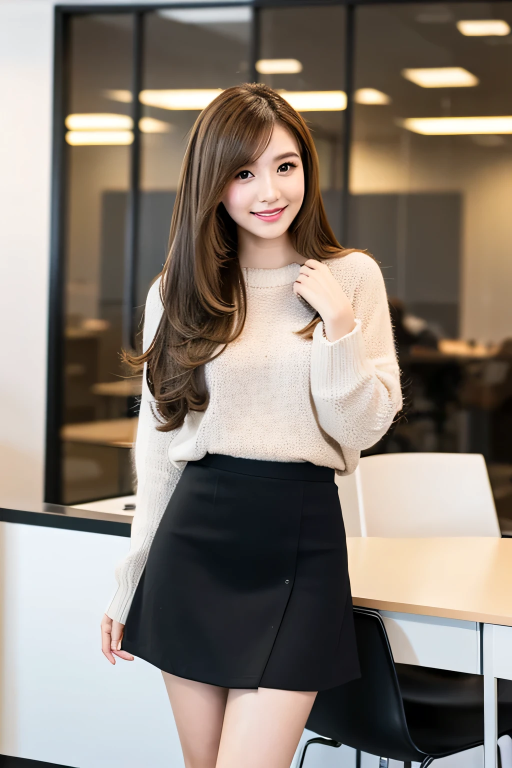 22 years old OL、Her semi-long hair is blowing in the wind.、light brown hair、White Mohair Sweater、Black Mini Flare Skirt、black short boots、Full body pose in office area