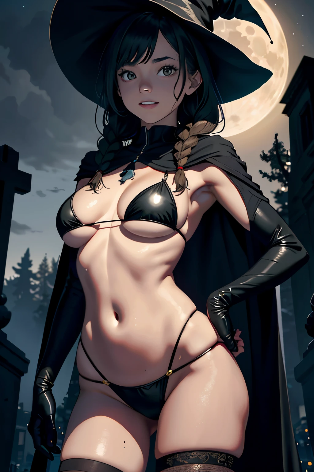 best quality, masterpiece, 1 girl, (silhouette lighting:1.3), contrapposto, from below, grin, 14 years old, (head shot, upper body:1.5), ultra detailed face, light brown two braids hair with bangs, hourglass figure, oily skin, black big witch hat, black bikini, cloak and glove, (underboob:1.2), her sweating a lot, (graveyard at night:1.3), supermoon