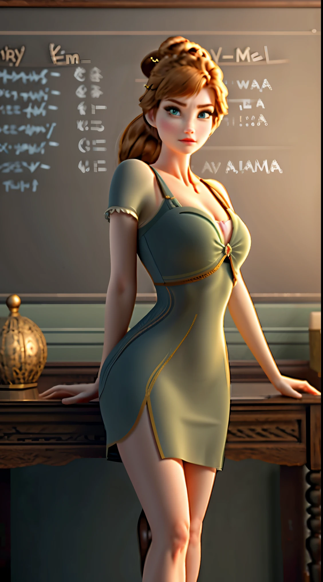 Photo of Anna of Arendelle as a teacher, teacher, teacher clothes, mini dress, Anna from Disney Frozen movie, tall and sexy, superb face, perfect body, provocative, Nice, show breasts, huge breasts, tall, sexy legs, bursting huge breasts, wide hips, busty, sexy, enormous breasts, happy.