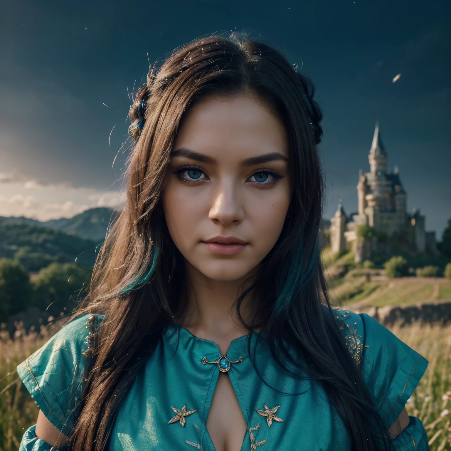 realistic, (masterpiece, top quality, best quality, official art, beautiful and aesthetic:1.2), extremely detailed,fractal art,colorful,highest detailed,dynamic angle,(castle on the cloud and mountain) king or queen, silver hair, bright eyes,hair slicked back, black robe, open clouth