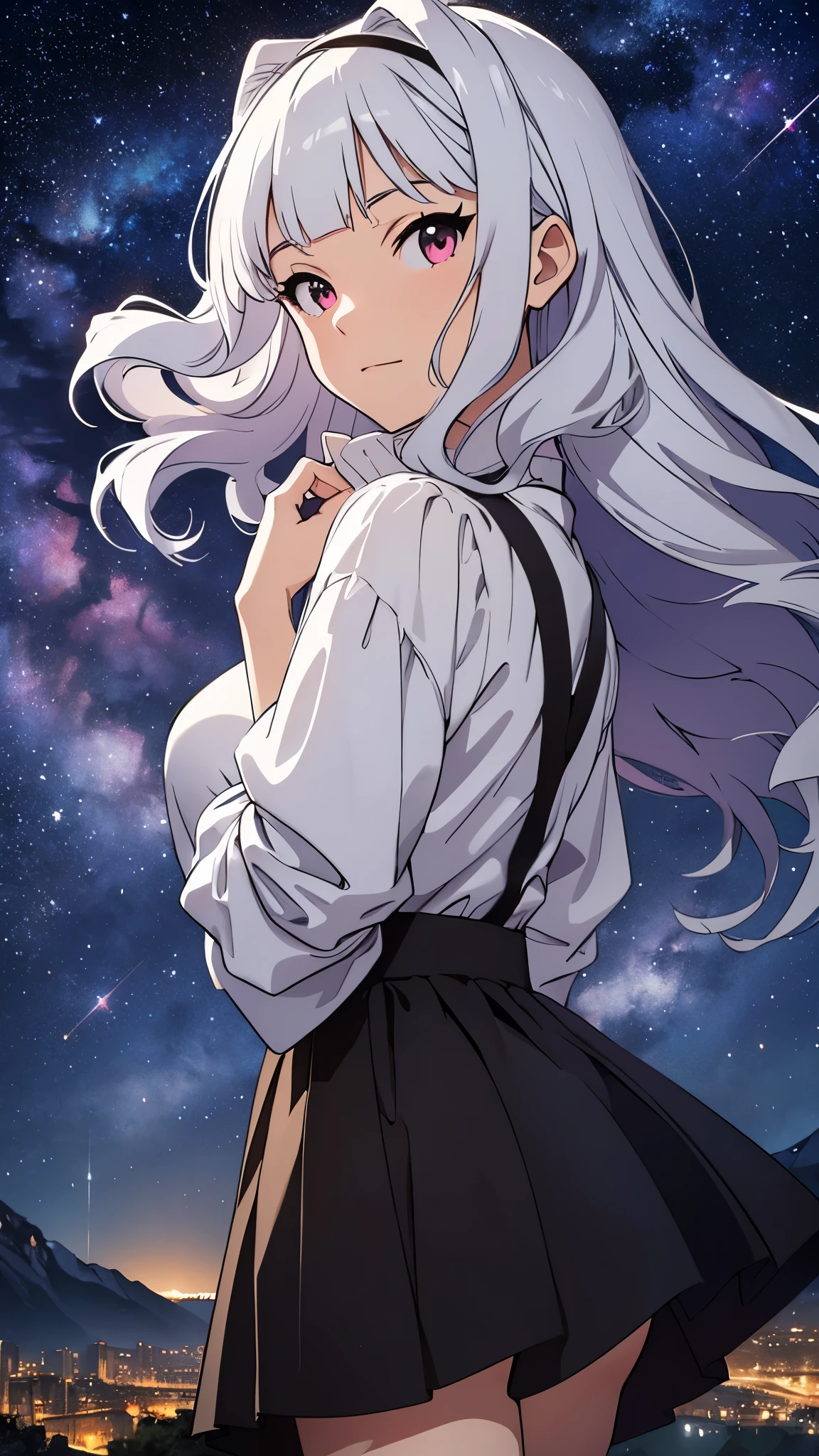 CG, unity, 8k, wallpaper, highest quality, masterpiece, lovely woman, Rear view looking up at the sky, (sad expression: 1.1), 18-year-old, white hair, white skin, BREAK, white blouse, BREAK, dark red skirt, best lighting, complex pupils, complex textile, detailed background, (On a hill with no buildings: 1.5), there is no building, (Spectacular starry sky with the Milky Way visible: 1.5), nebula, night, movie angle, A picture that looks like a movie advertisement