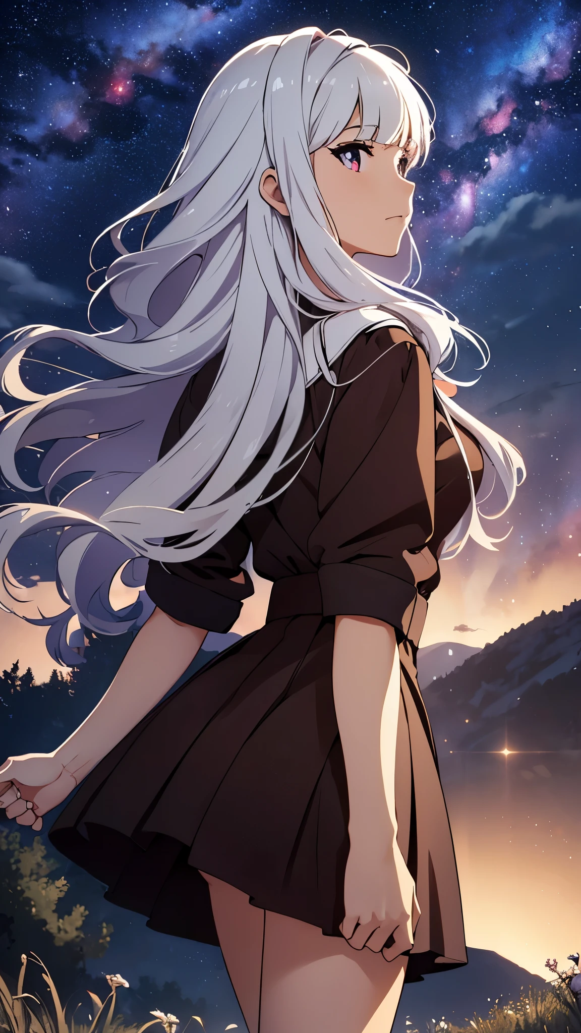 CG, unity, 8k, wallpaper, highest quality, masterpiece, lovely woman, Rear view looking up at the sky, (sad expression: 1.1), 18-year-old, white hair, white skin, BREAK, white blouse, BREAK, dark red skirt, best lighting, complex pupils, complex textile, detailed background, (On a hill with no buildings: 1.5), there is no building, (Spectacular starry sky with the Milky Way visible: 1.5), nebula, night, movie angle, A picture that looks like a movie advertisement