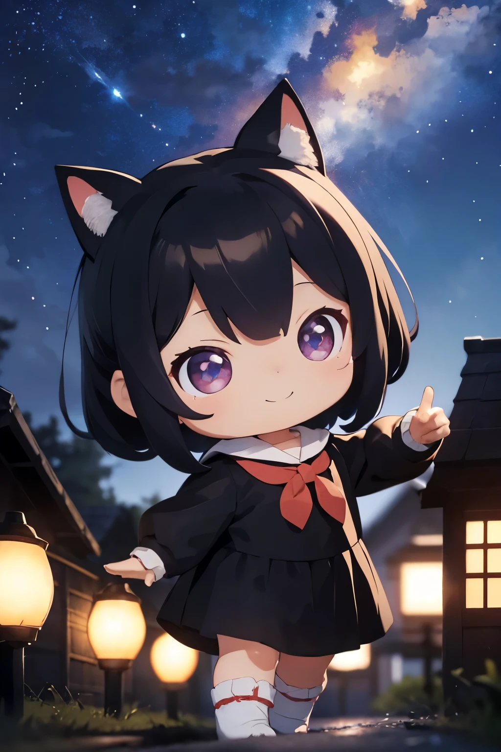 The following scenes will be expressed using chibi girl dolls.(Photoreal、Looking up at the stars in the night sky and pointing、eye up、smile、Cat at feet、Take a photo from the side)