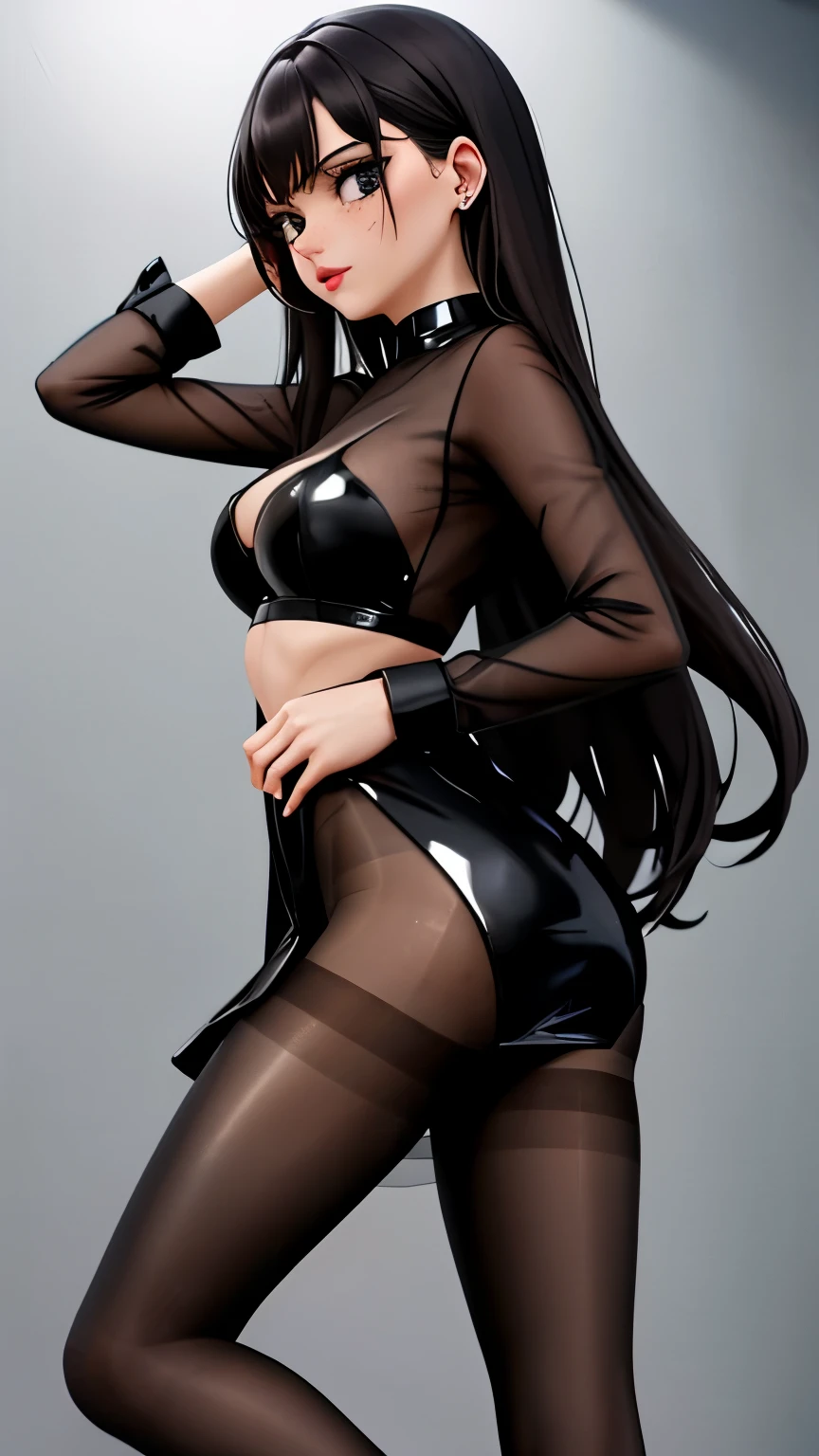 1 girl, goth girl, (sheer shiny brown pantyhose:1.3), long straight flowing black hair, (emphasis on her legs and feet:1.3), (low wedge black heel booties:1.1), (huge breasts:1.3), girly pose, sexy legs, skinny, small hips, small butt, stunningly beautiful, (thin:1.1), fit, , athletic, freckles, goth makeup, Masterpiece, ultra-high detail, low angle, from below, feet in view, (show entire body), sexy ankles, feet in view, low denier, cute