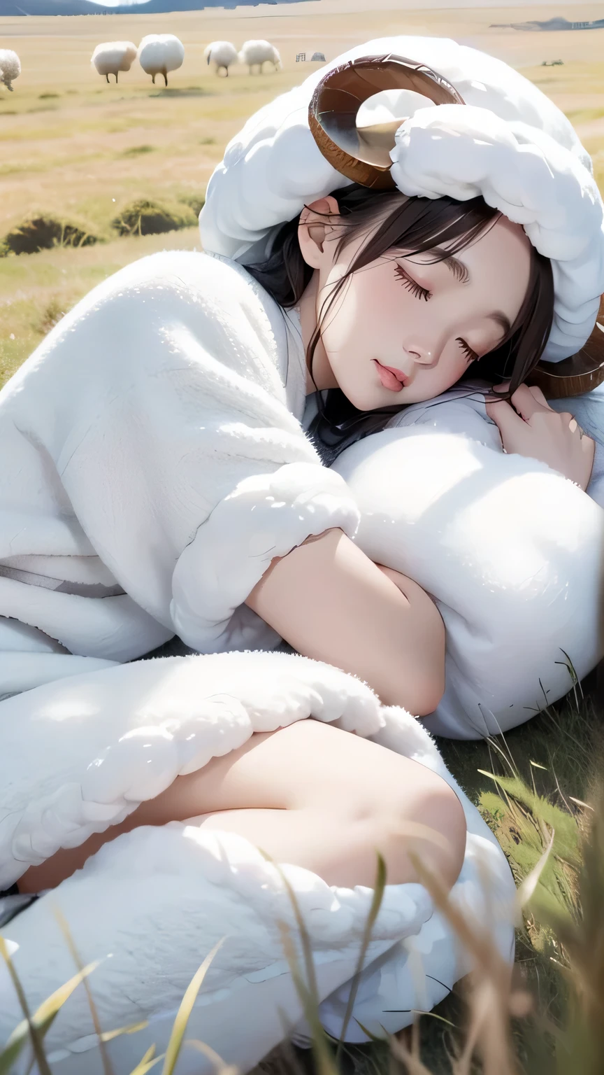 (((masterpiece))),((highest quality)),one beautiful japanese girl,pale, (Character that is a combination of human and sheep.: 1.5), (the presence of sheep horns on the head,:1.5)、gray hair、(belly button)、((fluffy white clothes)), (wool white clothes: 1.5), (private server), (exposure of skin),(The background is grassland:1.5).(((from the front:1.5)))、(straight front: 1.5)、(((sleep:1.5)))