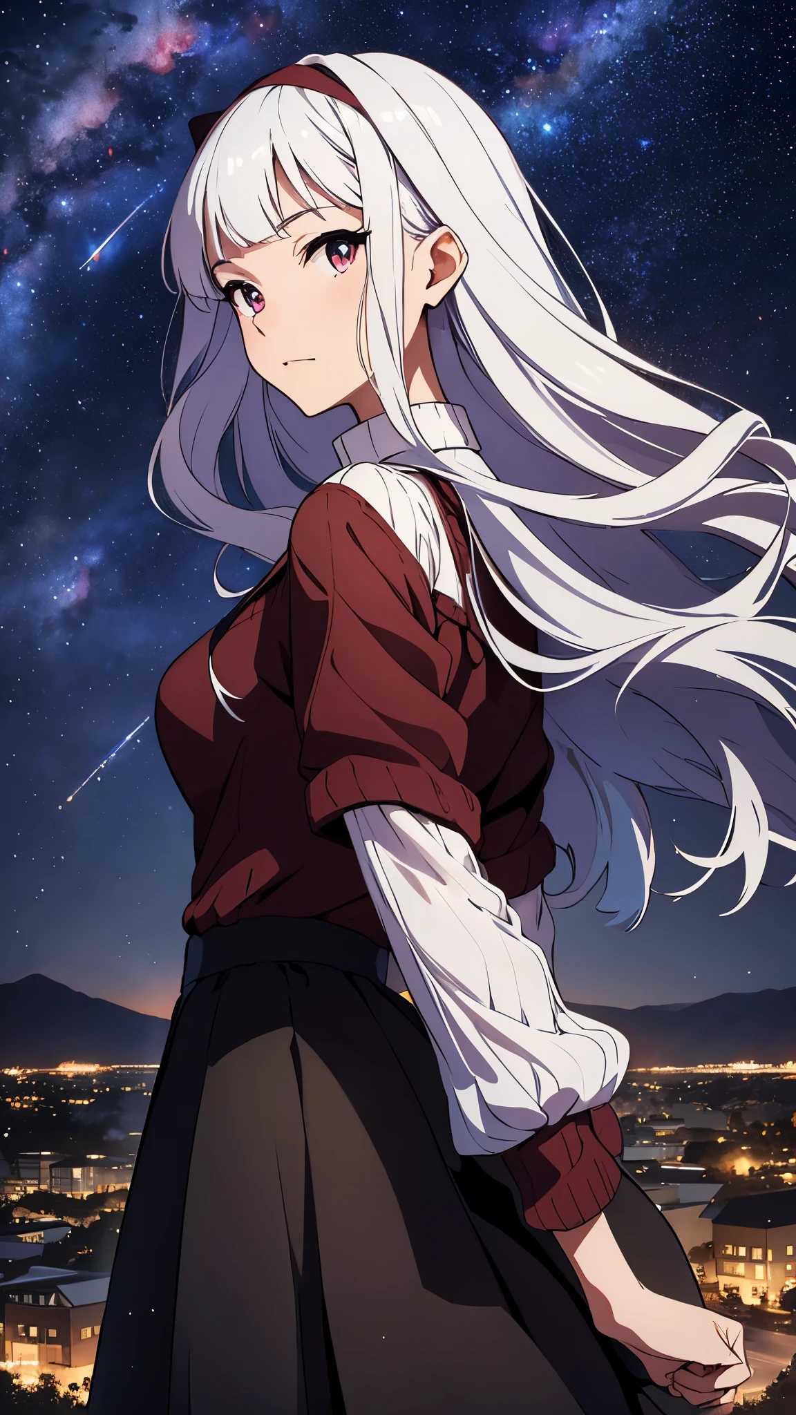 CG, unity, 8k, wallpaper, highest quality, masterpiece, lovely woman, Rear view looking up at the sky, (sad expression: 1.1), 18-year-old, white hair, white skin, BREAK, white blouse, BREAK, dark red skirt, best lighting, complex pupils, complex textile, detailed background, (On a hill with no buildings: 1.5), there is no building, (Spectacular starry sky with the Milky Way visible: 1.5), nebula, night, movie angle, A picture that looks like a movie advertisement