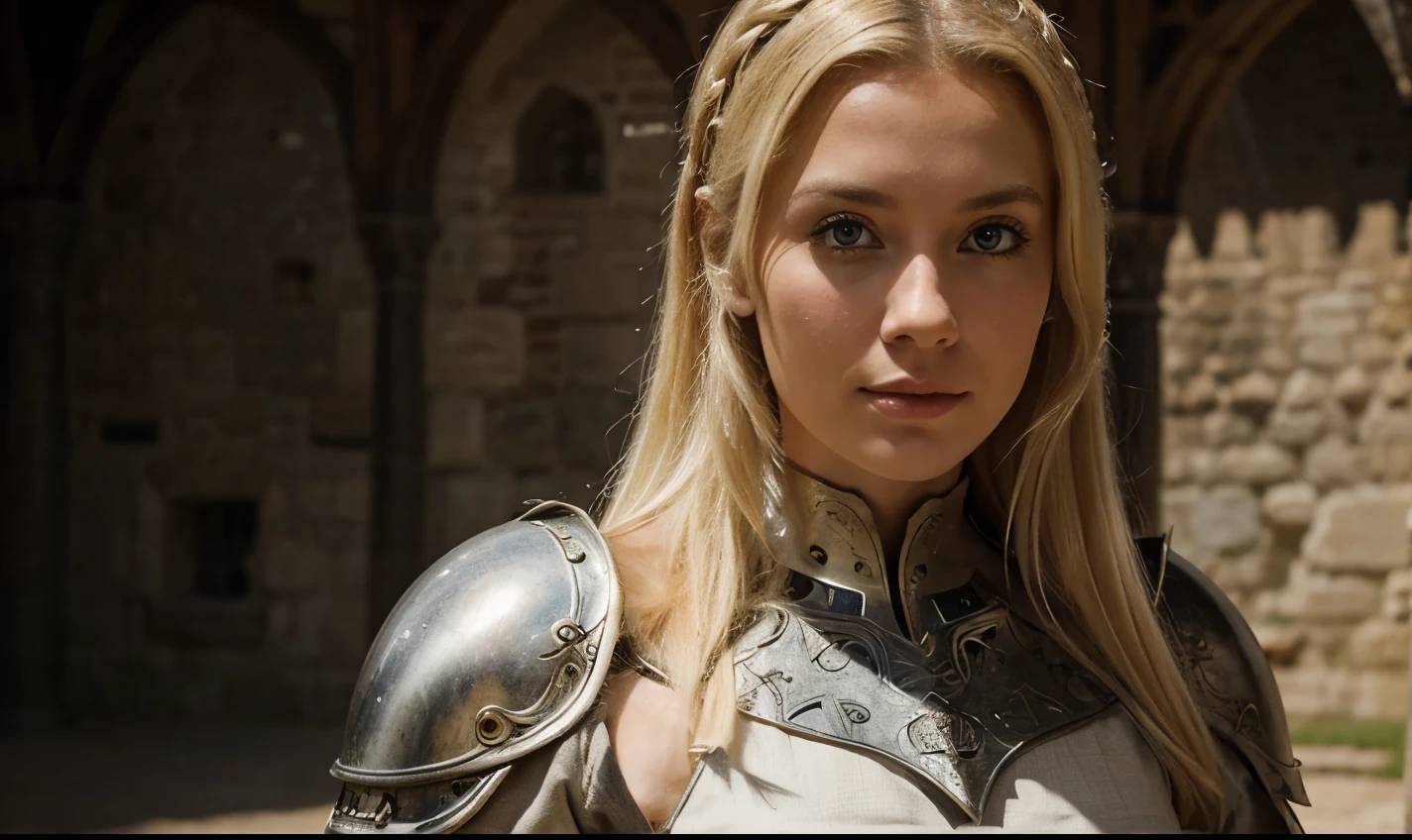 full body shot blonde lady looking straight at the camera wearing medieval armor background should be a medieval castle