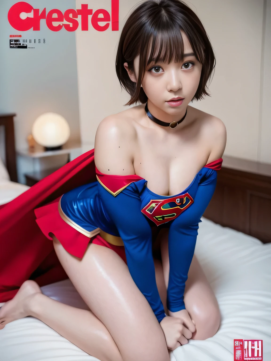 masterpiece、supergirl costume、short hair、barefoot、big and full breasts、Bedroom、Kneeling on the bed、sexy pose、athlete、shiny、looking at camera、Seduce、choker、long sleeve、red mini skirt、Weekly magazine cover、Sculpture Magazines、sweaty、radical、