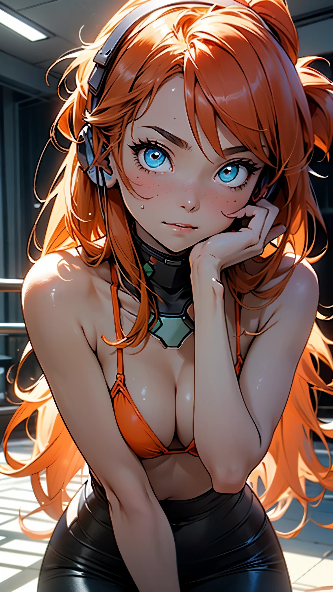 asukalangley, Asuka Langley Soryu, (Souryu Asuka Langley:1.5), Blue eyes, hair between eye, Headgear, Interface headset, Orange hair, two side up,,
BREAK indoors, crass room,
BREAK looking at viewer, (Cowboy Shot:1.5),
BREAK (masutepiece:1.2), Best Quality, High resolution, Unity 8k壁纸, (Illustration:0.8), (Beautiful detailed eyes:1.6), extra detailed face, Perfect Lighting, extremely details CG, (Perfect hands, Perfect Anatomy),Red Micro Bikini、Dripping sweat、Sweat sweat、stuffy々with theしている表情、stuffy々with the、Squat position、liquid that gives, Eyes are hearts