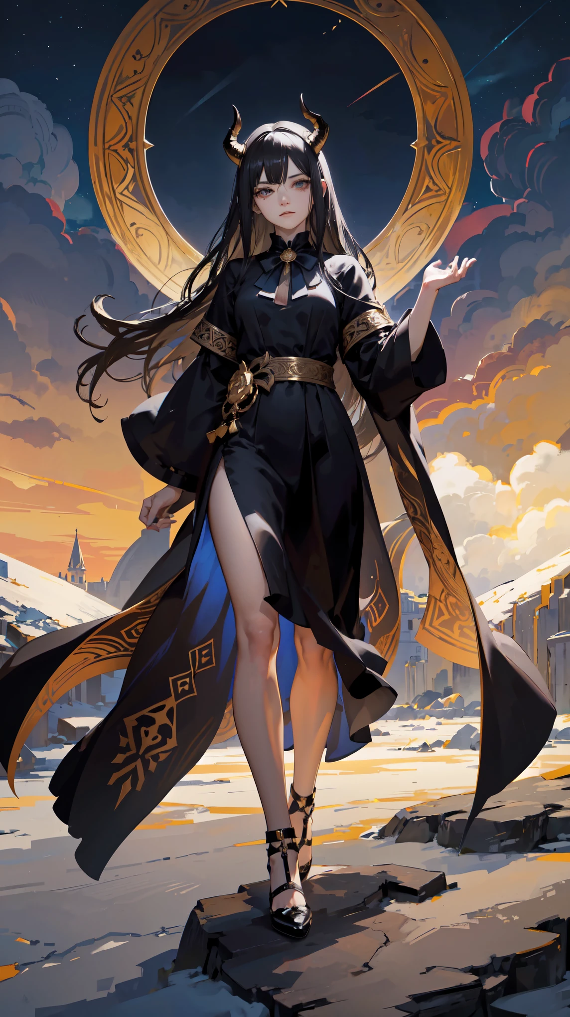 Seven Rhaeyar (Deylta), Ancient Star goddess, Perfect female anatomy (Adult Female, 166cm in height, pale skin, slim, slender, 34D breast size, Gray colored eyes, Long Straight Black Hair, Beauty Mark Mole on right cheek bone, a set of black horns on her head), Neutral facial expression, Elegant white dress with black bow tie, blue coat knee length, dragon motifs, gold and rope accessories, View of the open night sky with only clouds, receiving light from the front, Ethereal glow