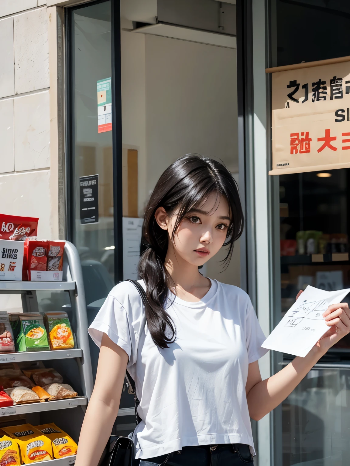 A woman wearing a white t-shirt with black hair is holding a white banner standing in front of a food shop