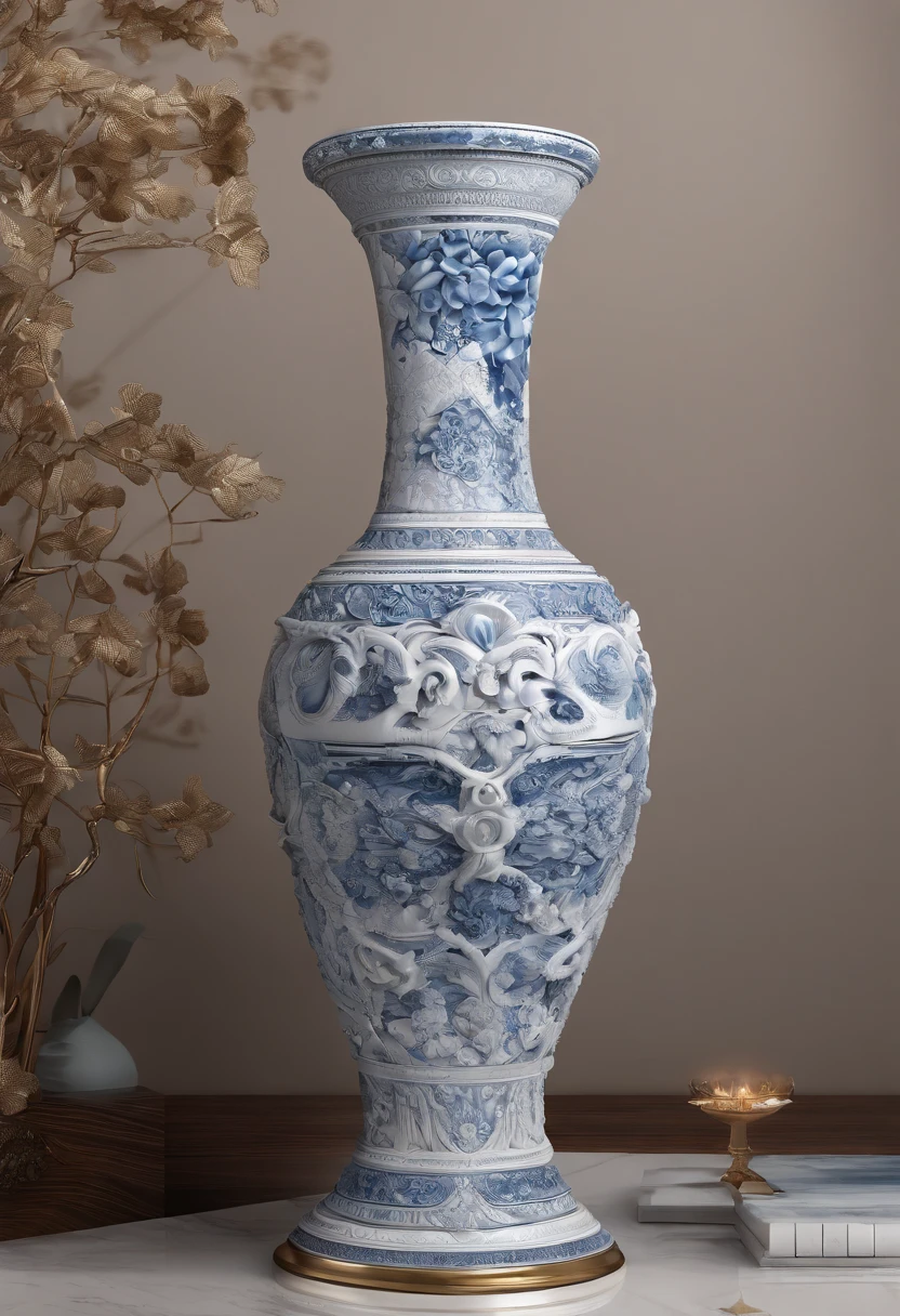 Blue and white porcelain,Ceramic material，Quadripartite vase，embossed petals，a work of art，decoration， high detail,3d， chiaroscuro, light, divine light, light, ultra high definition, high detail, best quality, high resolution, textured skin