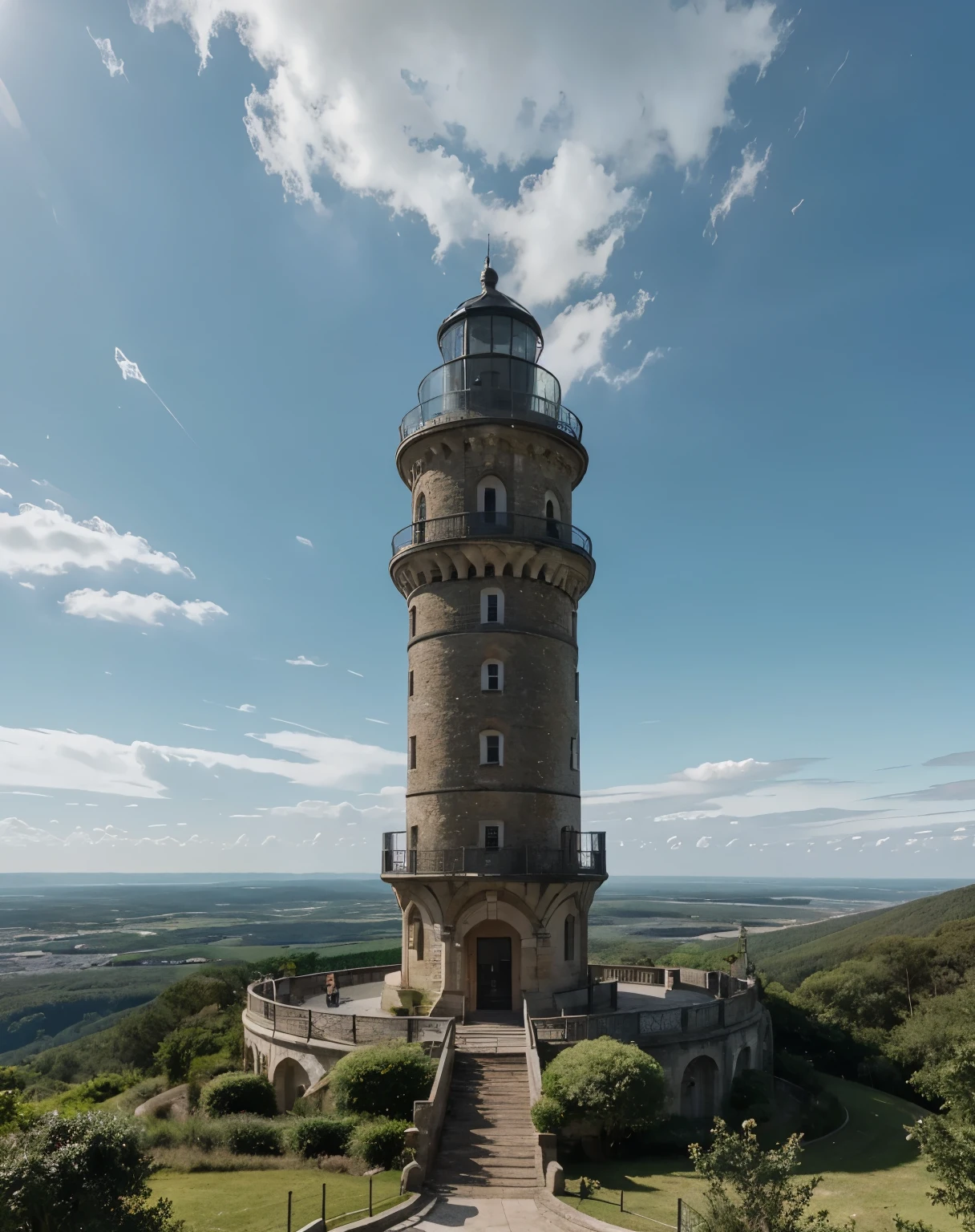 A medideval 7-storey tower with a glass dome, situated on top of a mountain. The tower is adorned with a lighthouse at its peak, emanating a soft, warm light. Surrounding the tower is a winding road that gracefully navigates through the mountain's twists and turns. As you ascend the tower, lush greenery of the surrounding forest starts to envelop the landscape. The tower's exterior is seamlessly integrated with nature, boasting vibrant colors and intricate details. The glass dome at the top offers panoramic views of the surrounding picturesque landscape, beam of light at the top directed to the dark and deep infinity like a galaxy.