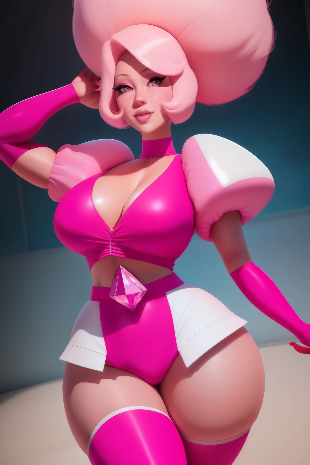 pnkdamond, pink hair, pink eyes, big hair, stomach gem, pink skin, toned,
puffy short sleeves, elbow gloves , white thighhighs, puffy dress,
standing, upper body,
outerspace,
(insanely detailed, beautiful detailed face,beautiful detailed eyes, masterpiece, best quality) cinematic lighting, smile,