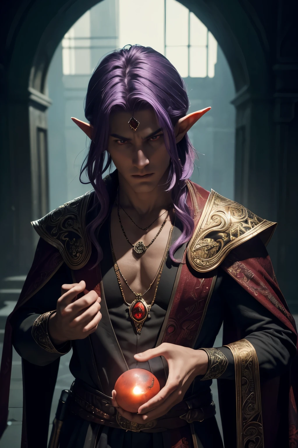 Male, elven man, A young adult Dusk Elf male, he has ghastly pale skin, he has purple hair and an glowing red orb in his hand (1.1), holding a red orb in one hand, he has a red jewel necklace, red bloodstone necklacehe has pale skin, he has white skin, he is handsome with sharp features, he is facing the viewer side on with the red orb clutched in one hand(1.1). isometric view, facing diagonal, He wears a red jeweled necklace (1.0), he is scary, he is menacing handsome, scary, gothic (1.1) (RAW photo., best quality), (realistic, Realistic), NVIDIA RTX Ray Tracing, octan render, high-resolution, beautiful, Awesome, finely and highly detailed, masterpiece, ultra-detailed, High, (best illustration), (best shadow), intricate, sharp focus, perfect composition, dark fantasy, volumetric mist, 8k UHD, DSLR, high quality, (grain of film: 1.4), Fujifilm XT3, art-station, smooth
