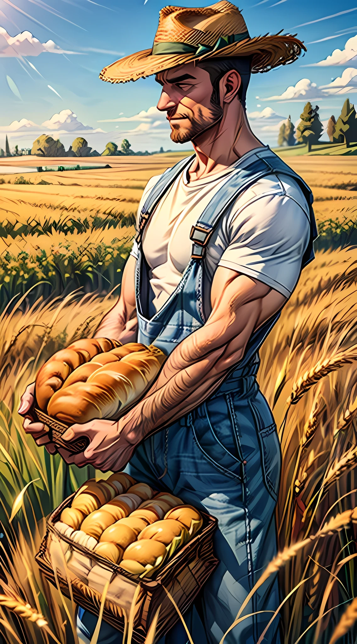 Um homem agricultor, com roupas de fazendeiro, farmer's hat, camisa branca, denim overalls, with muscular arms carries a large loaf of bread in a wheat field.