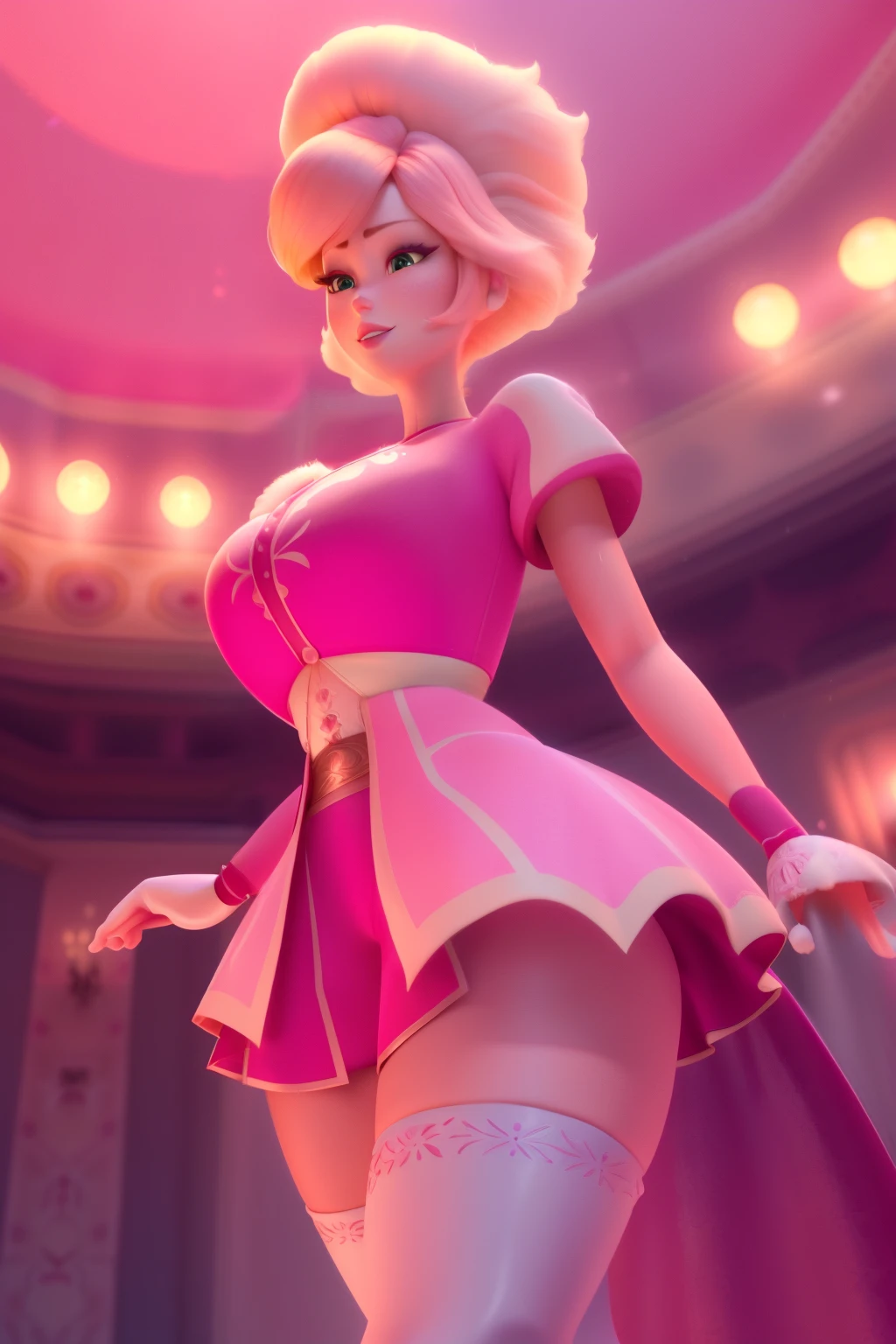 pnkdamond, pink hair, pink eyes,  big hair,  stomach gem,  pink skin,  toned, 
puffy short sleeves, elbow gloves ,  white thighhighs,   puffy dress, 
standing, upper body, 
 outerspace,  
(insanely detailed, beautiful detailed face,beautiful detailed eyes, masterpiece, best quality) cinematic lighting,  smile, 
 