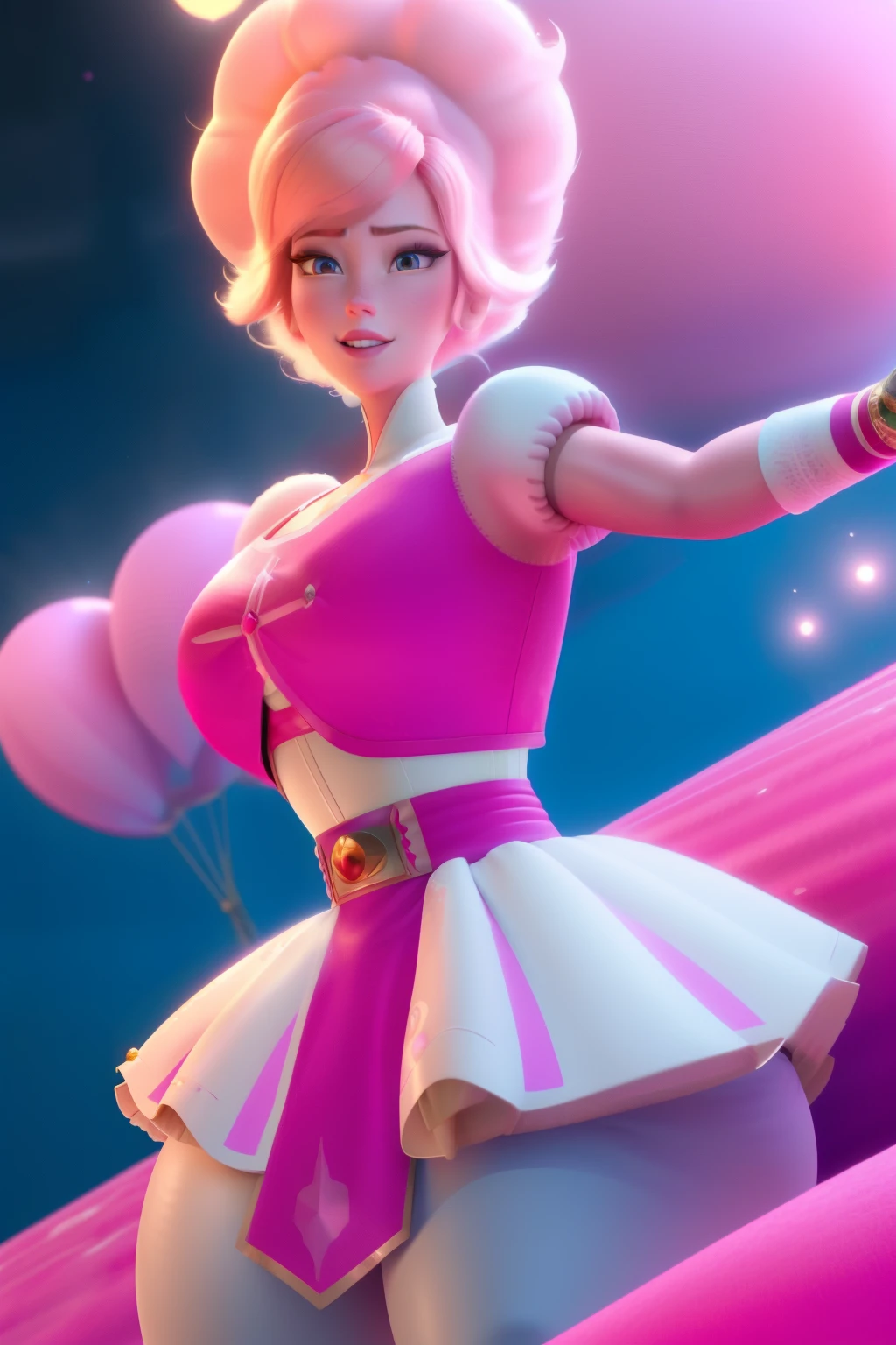 pnkdamond, pink hair, pink eyes, big hair, stomach gem, pink skin, toned,
puffy short sleeves, elbow gloves , white thighhighs, puffy dress,
standing, upper body,
outerspace,
(insanely detailed, beautiful detailed face,beautiful detailed eyes, masterpiece, best quality) cinematic lighting, smile,