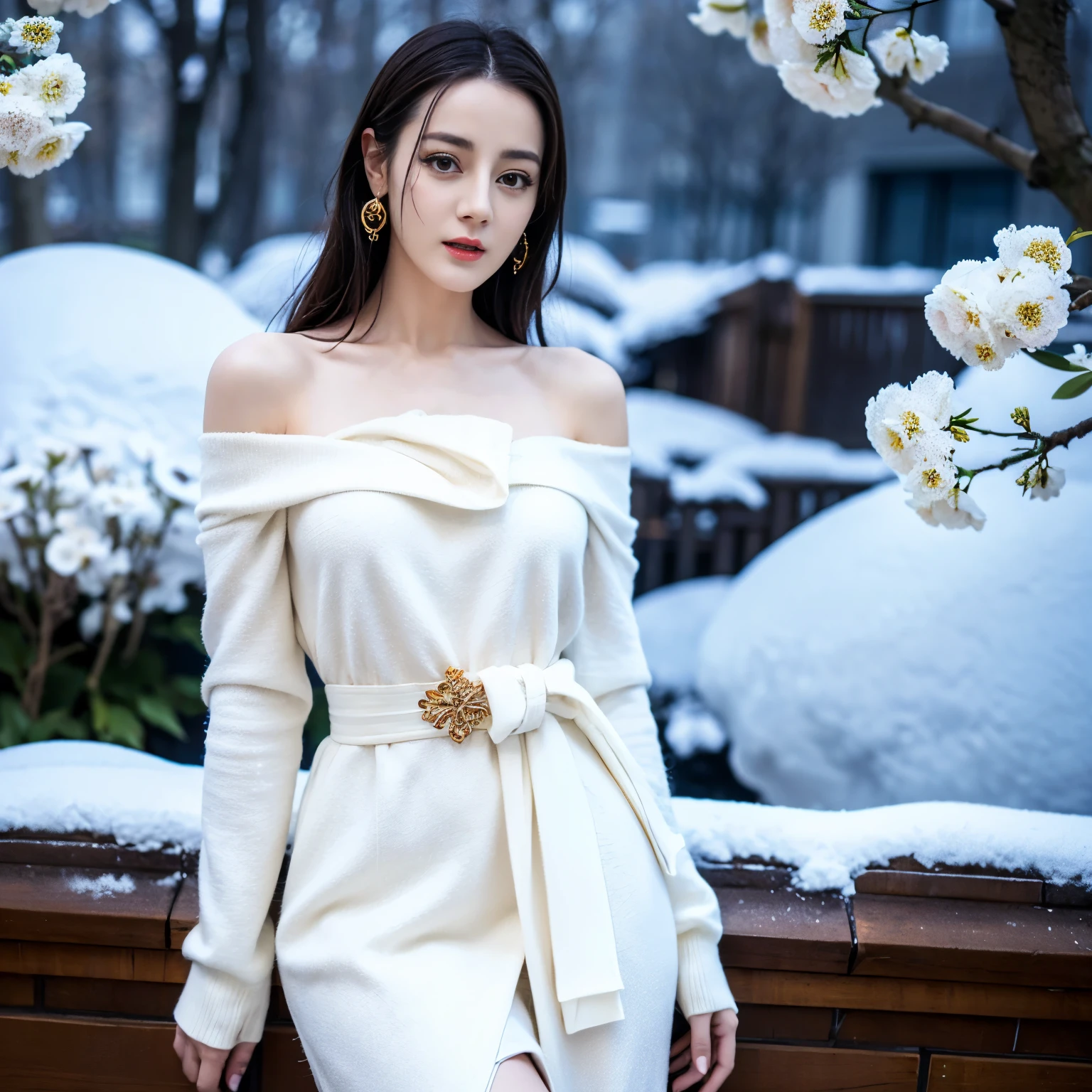 ((top quality、8k、​Masterpiece:1.3))、Extremely delicate and beautiful girl，full-body shot，huge breasts，bigger breasts，amazing breast size，G cup。Wear big earrings，Very white skin，moist red lips，Waist is very thin，Thighs are very thin，big butt，fair and smooth skin，Smooth and fair skin，flawless skin，Fair and shiny skin，cold white skin，The camera focuses on the chest，Bright light，white sweater，Lower body exposed，bare shoulders，white hair，hair is white，Snow covers the ground，snow mountain，sunset，There is a tree full of white flowers on the upper right