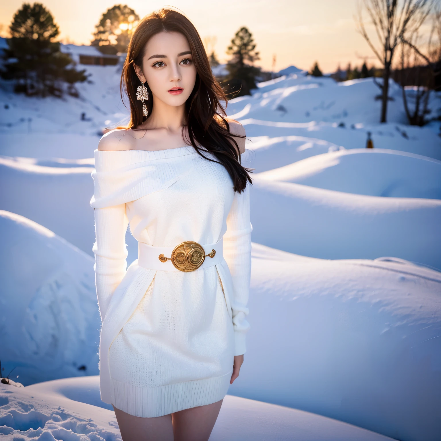 ((top quality、8k、Masterpiece:1.3))、Extremely delicate and beautiful girl,full-body shot,huge breasts,bigger breasts,amazing breast size,G cup。Wear big earrings,Very white skin,moist red lips,Waist is very thin,Thighs are very thin,big butt,fair and smooth skin,Smooth and fair skin,flawless skin,Fair and shiny skin,cold white skin,The camera focuses on the chest,Bright light,white sweater,Lower body exposed,bare shoulders,white hair,hair is white,Snow covers the ground,snow mountain,sunset,There is a tree full of white flowers on the upper right
