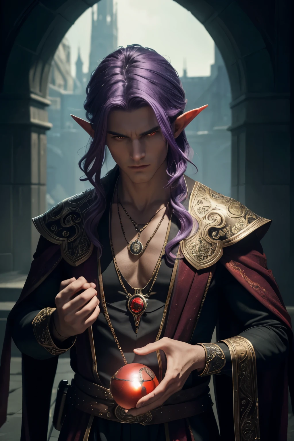 Male, elven man, A young adult Dusk Elf male, he has ghastly pale skin, he has purple hair and an glowing red orb in his hand (1.1), holding a red orb in one hand, he has a red jewel necklace, red bloodstone necklacehe has pale skin, he has white skin, he is handsome with sharp features, he is facing the viewer side on with the red orb clutched in one hand(1.1). isometric view, facing diagonal, He wears a red jeweled necklace (1.0), he is scary, he is menacing handsome, scary, gothic (1.1) (RAW photo., best quality), (realistic, Realistic), NVIDIA RTX Ray Tracing, octan render, high-resolution, beautiful, Awesome, finely and highly detailed, masterpiece, ultra-detailed, High, (best illustration), (best shadow), intricate, sharp focus, perfect composition, dark fantasy, volumetric mist, 8k UHD, DSLR, high quality, (grain of film: 1.4), Fujifilm XT3, art-station, smooth
