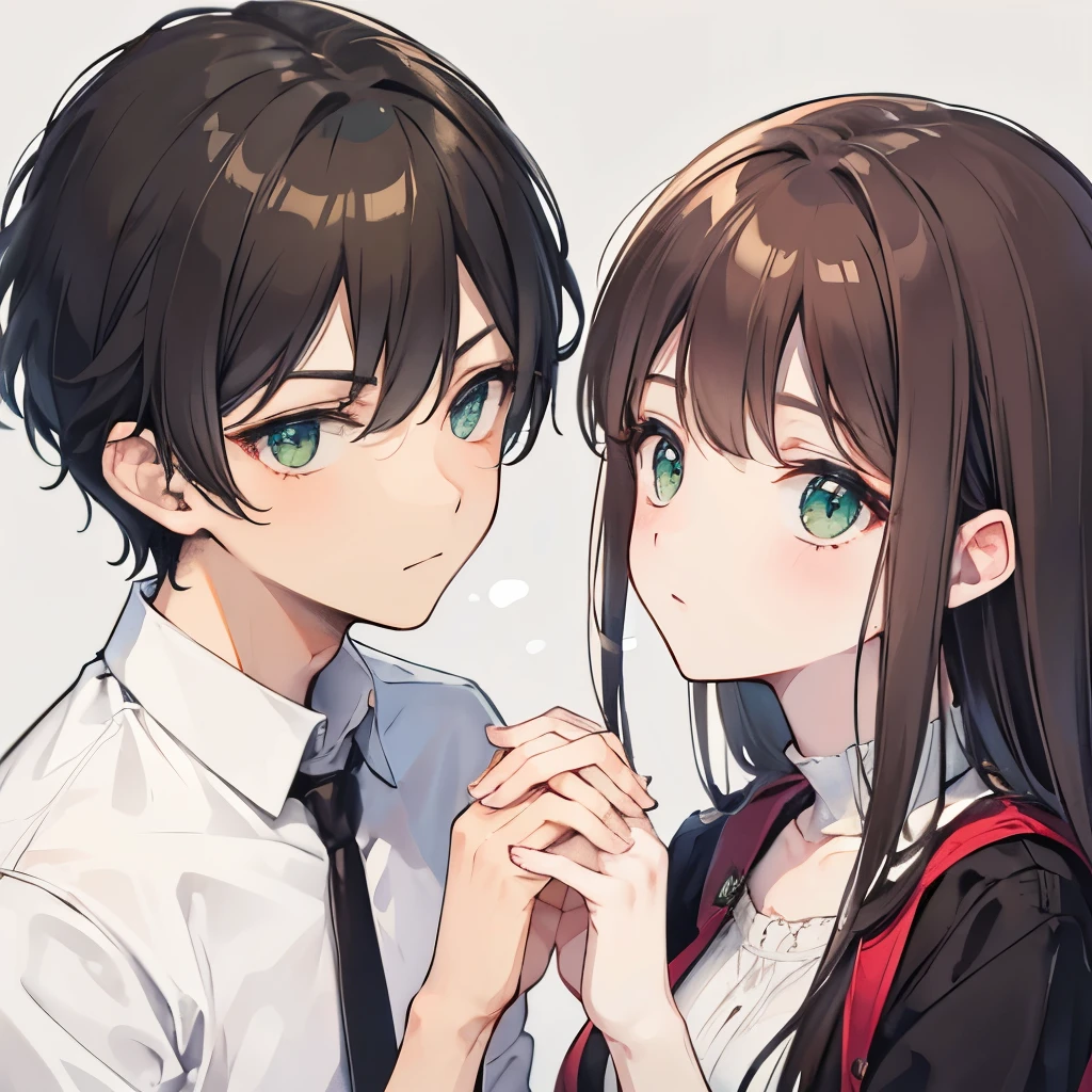 Man and woman, twins, similar appearance, brown hair, green eyes, touching cheeks, folding hands, close-up of face