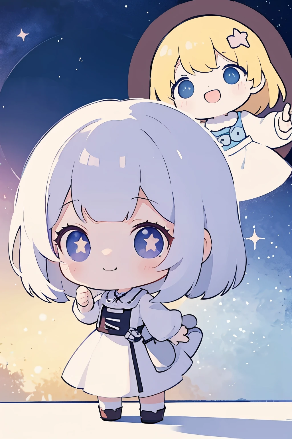 The following scenes will be expressed using chibi girl dolls.(Photoreal、Looking up at the stars in the night sky and pointing、eye up、smile、Take a photo from the side)