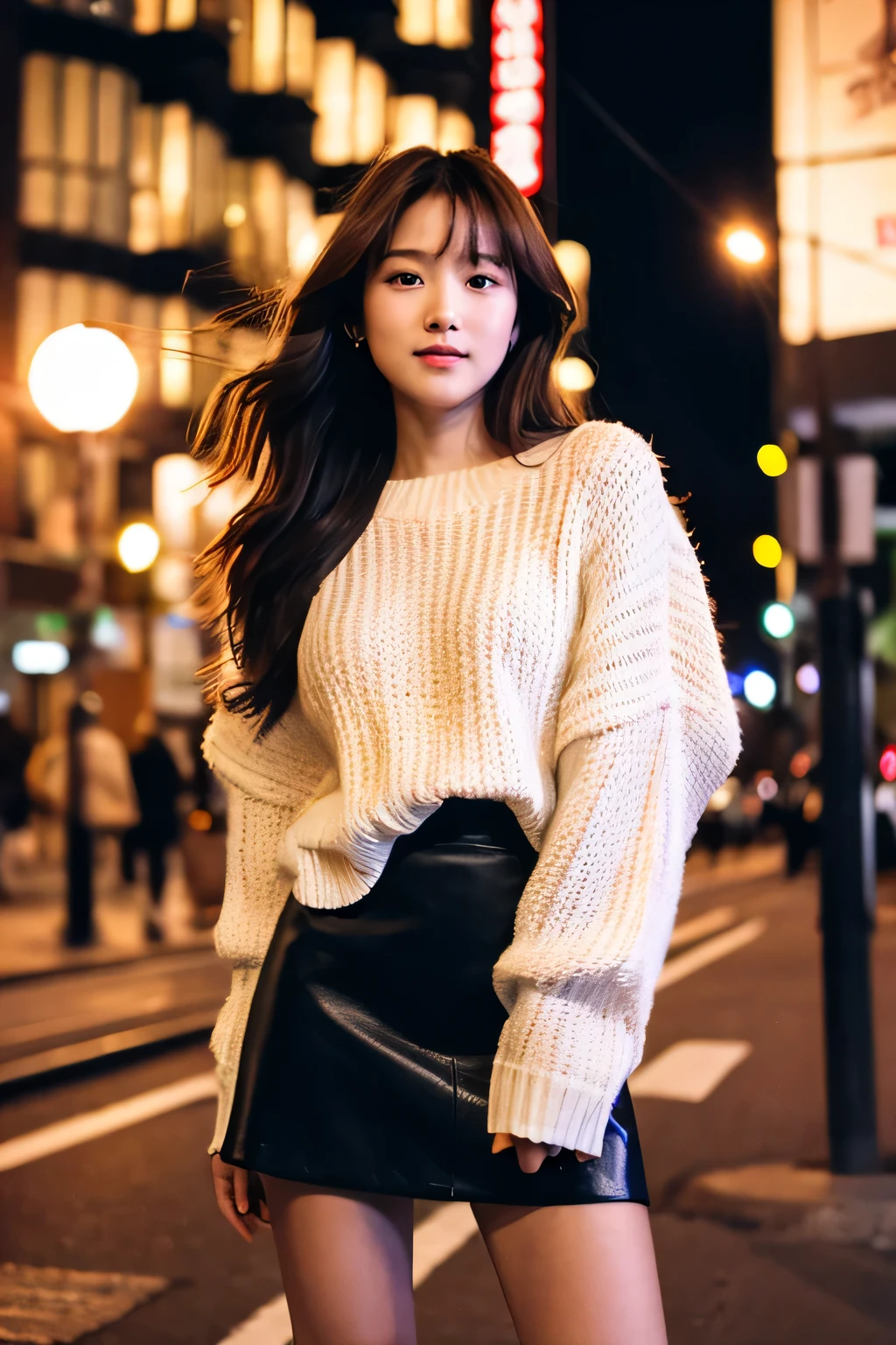 22 years old OL、Her semi-long hair is blowing in the wind.、light brown hair、White Mohair Sweater、Black mini flared skirt、black short boots、Full body pose in the building area at night

