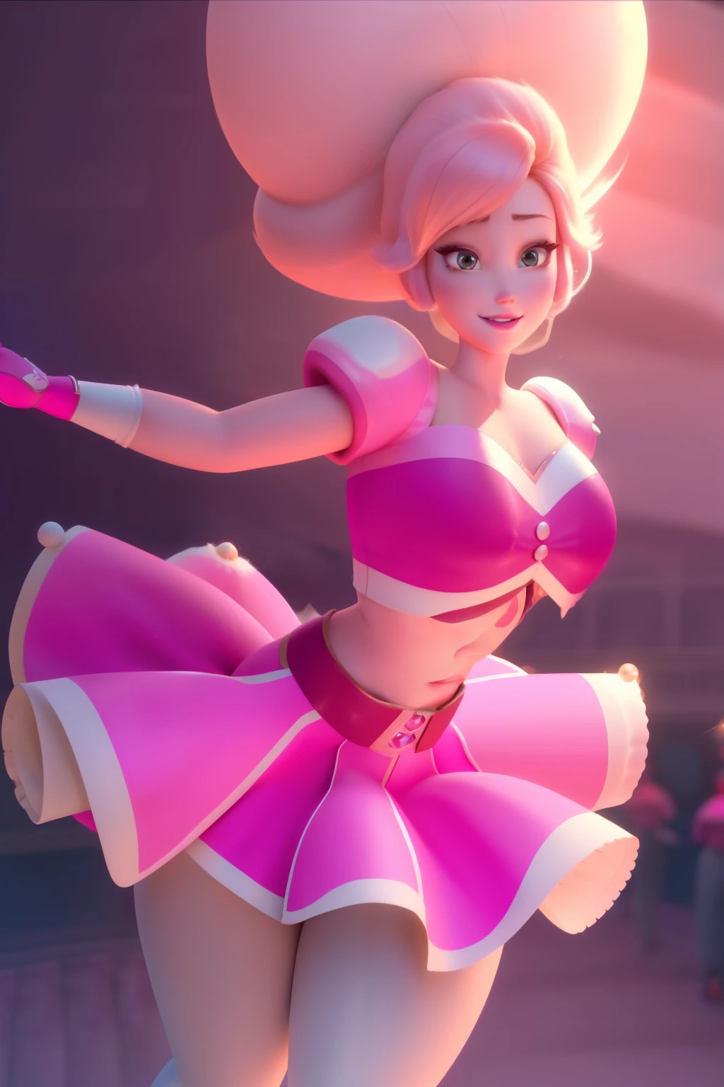 pnkdamond, pink hair, pink eyes, big hair, stomach gem, pink skin, toned,
puffy short sleeves, elbow gloves , white thighhighs, puffy dress,
standing, upper body,
outerspace,
(insanely detailed, beautiful detailed face,beautiful detailed eyes, masterpiece, best quality) cinematic lighting, smile,