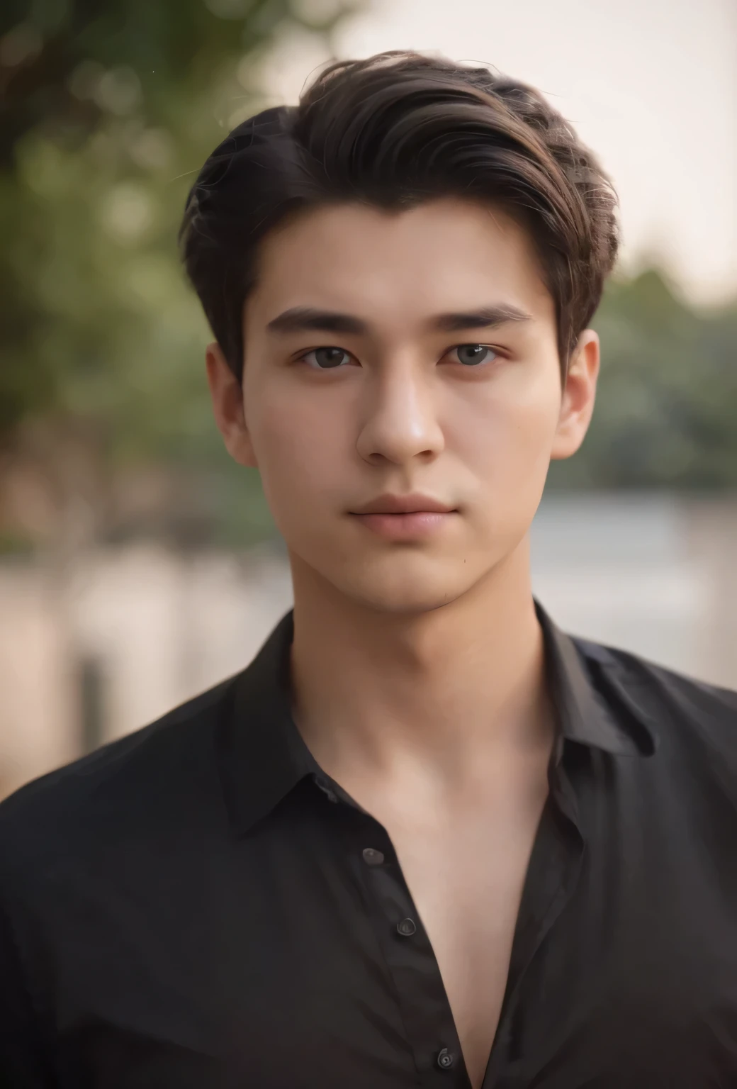 27-year-old boy, Black shirt,tapered hairstyle, Oval face,clear face, looking in camera, Straight Posing, Perfect Lighting, deepshadow, Best Quality, masutepiece, 超A high resolution, Photorealistic
