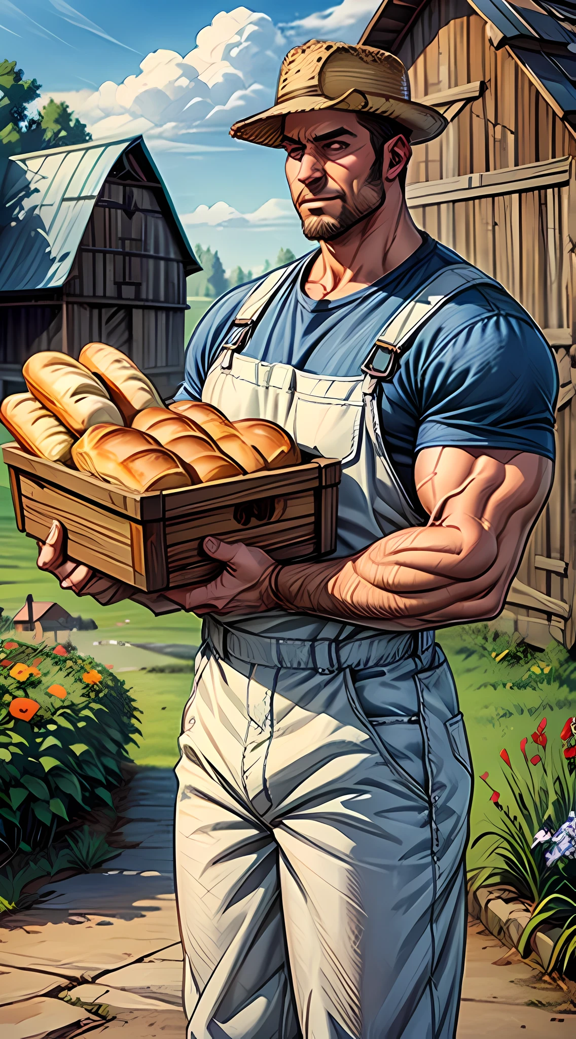 Um homem agricultor, com roupas de fazendeiro, farmer's hat, camisa branca, denim overalls, with muscular arms carries a large, muscular man in overalls holds a tray of bread in front of a barn.