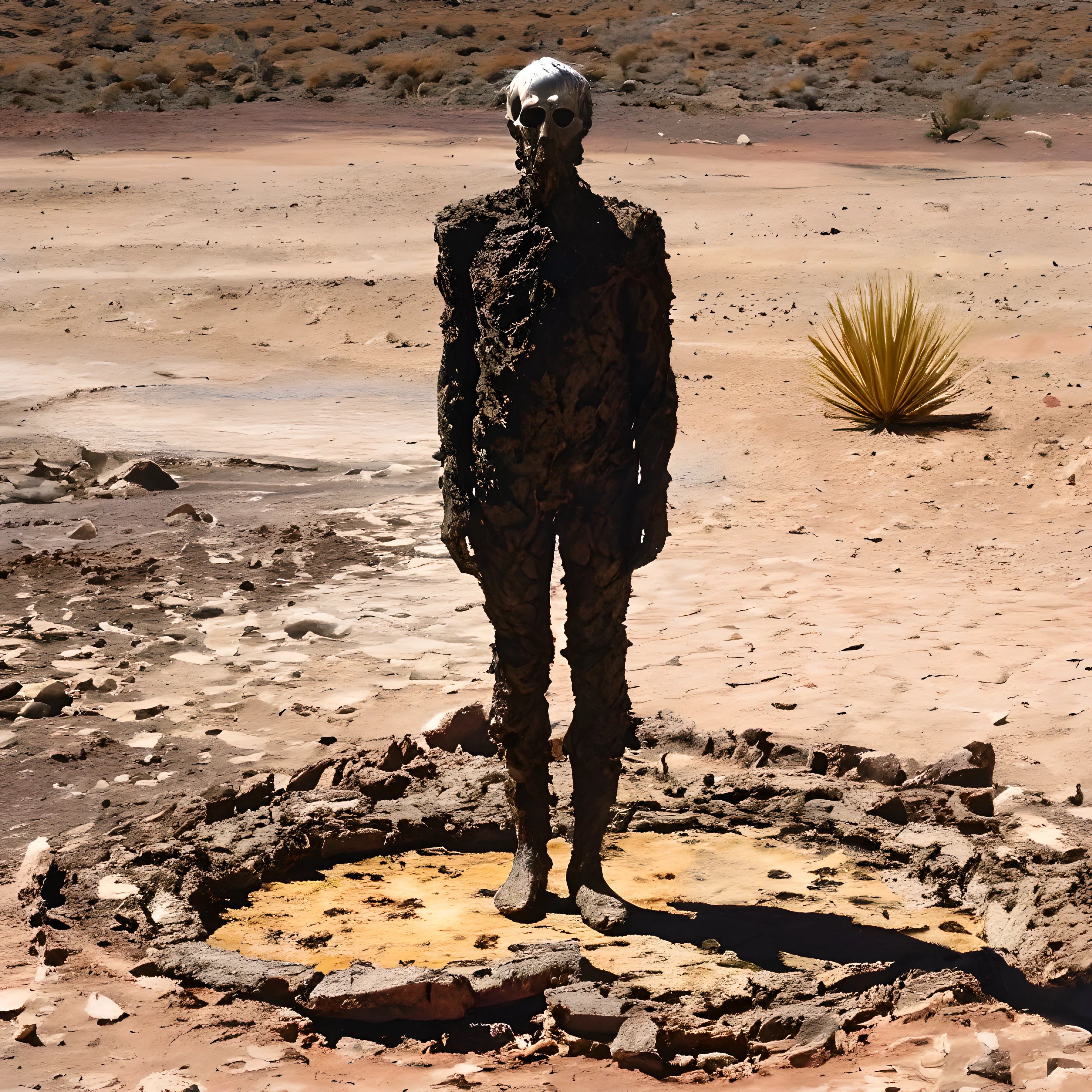 Restos Secos. Decomposing body of a man from another planet, rodeado de edificios en llamas, con la mirada malvada, al rededor gente tratando de escapar. 